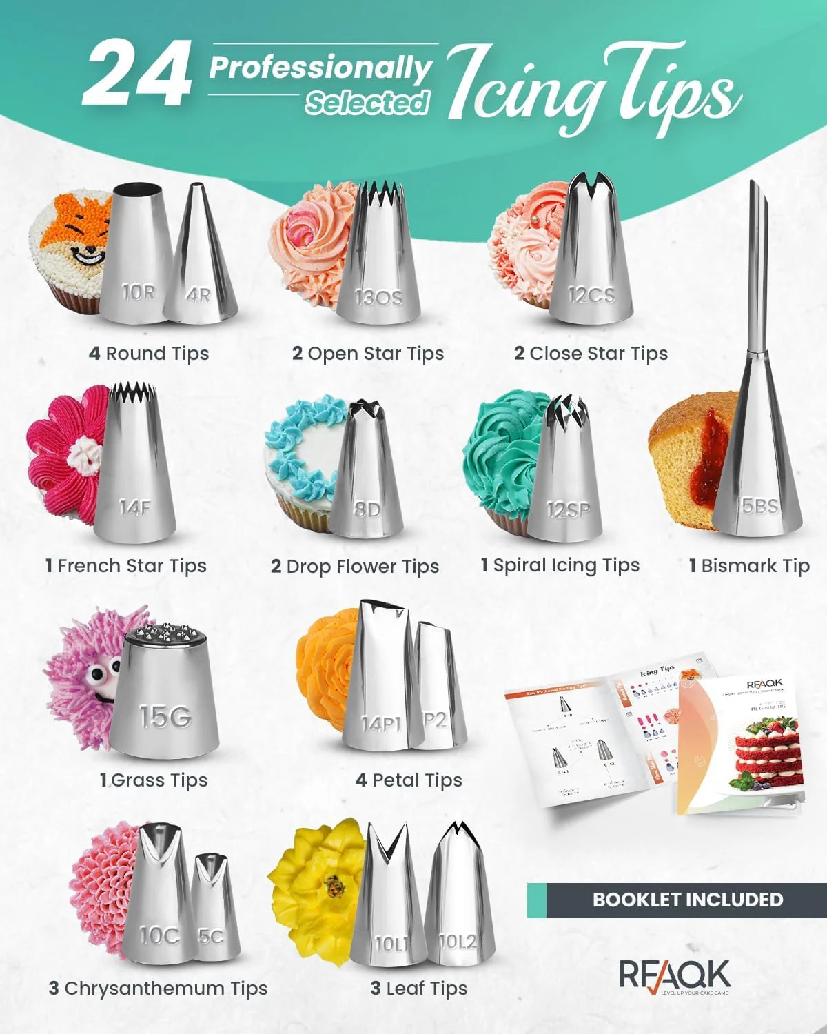 RFAQK 64 PCs Cake Decorating Kit for Beginners Includes Video Course, Booklet + Baking Supplies Gift - Cake Stand, Leveler, 24 Numbered Piping Tips, Straight & Offset Spatula, & Scraper sets - Image 4