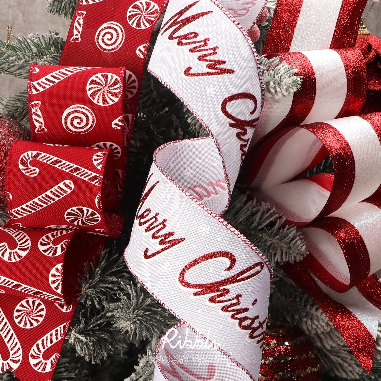 Ribbli Christmas Ribbon Wired Red White Christmas Tree Ribbon Candy Cane Glitter Burlap Ribbons for Topper Bow Crafts Gift Wrapping Wreaths Garland Home Decor -2.5 Inch x 6 Rolls Total 30 Yard - Image 2