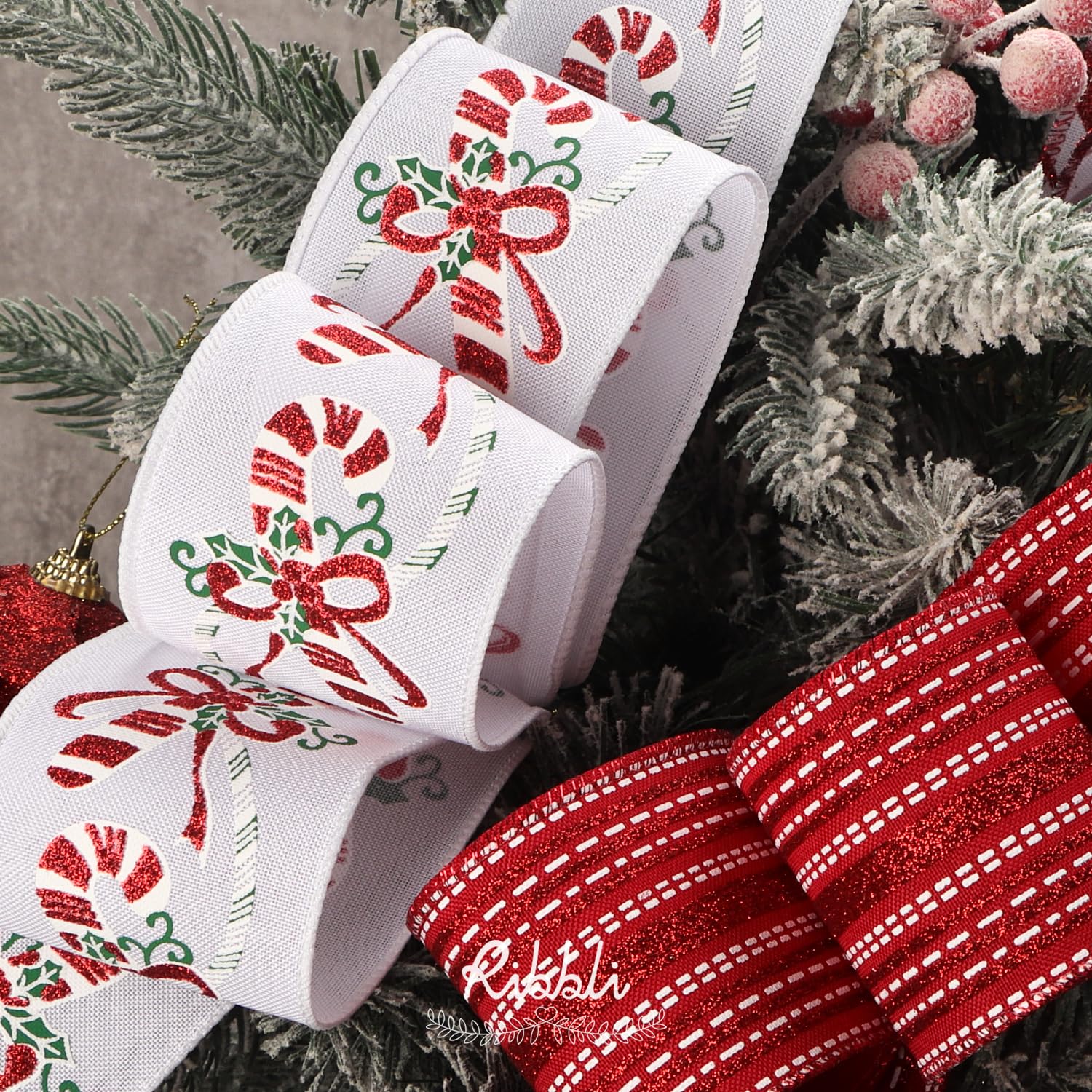 Ribbli Christmas Ribbon Wired Red White Christmas Tree Ribbon Candy Cane Glitter Burlap Ribbons for Topper Bow Crafts Gift Wrapping Wreaths Garland Home Decor -2.5 Inch x 6 Rolls Total 30 Yard - Image 3
