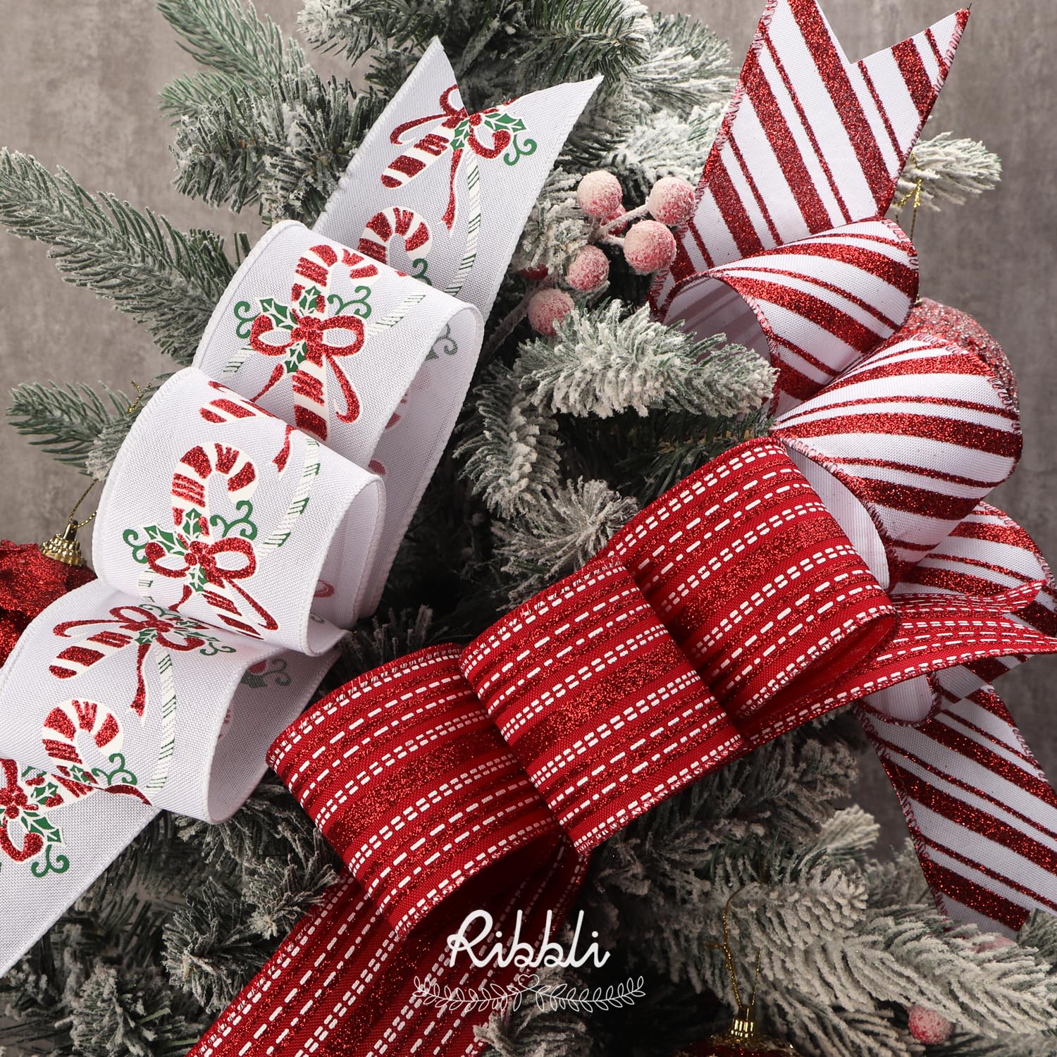Ribbli Christmas Ribbon Wired Red White Christmas Tree Ribbon Candy Cane Glitter Burlap Ribbons for Topper Bow Crafts Gift Wrapping Wreaths Garland Home Decor -2.5 Inch x 6 Rolls Total 30 Yard - Image 4
