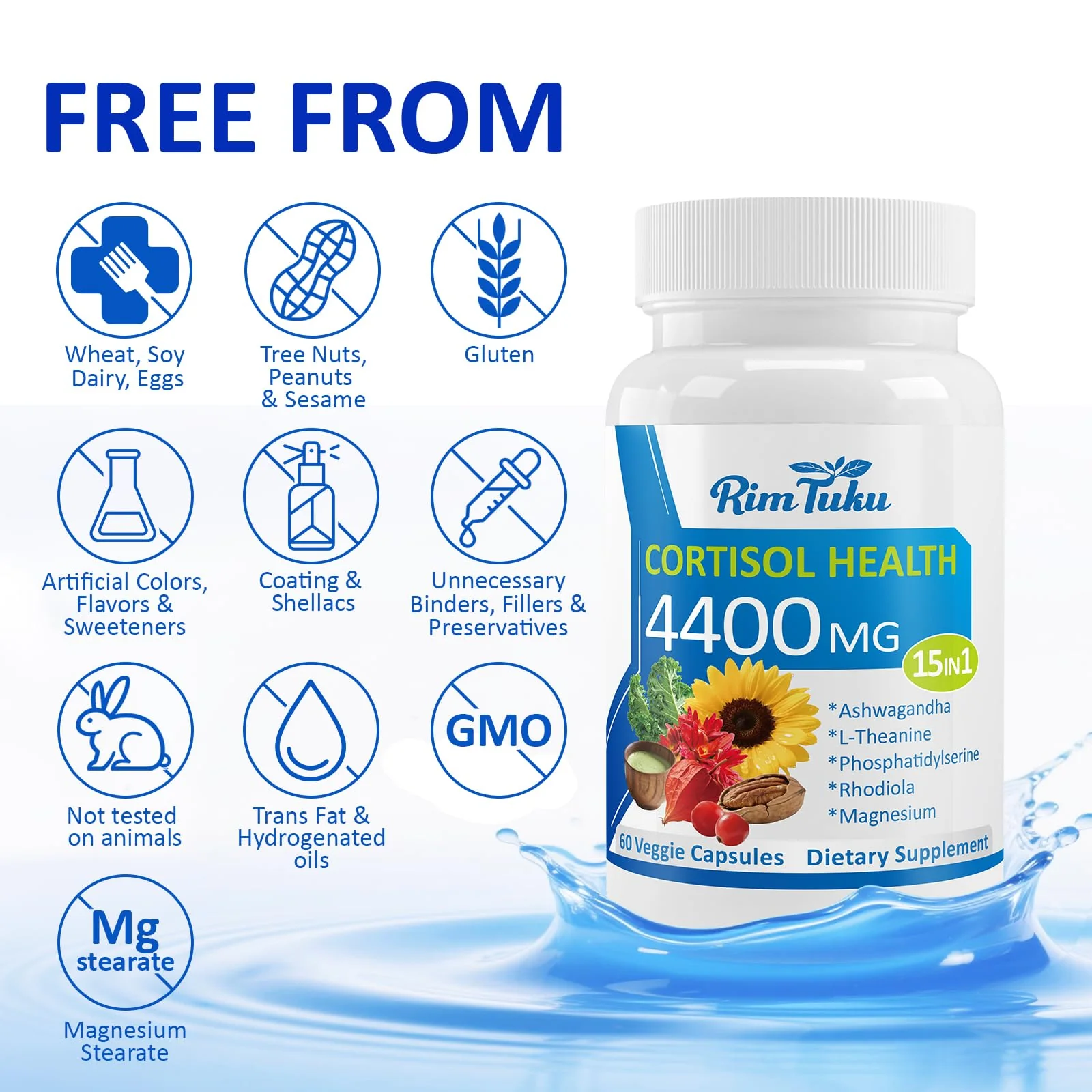 RimTuku Cortisol Supplements for Women & Men -15-in-1 Cortisol Detox for Women, Cortisol Manager & Reducer with Ashwagandha, Rhodiola Rosea Supports Stress Relief, Adrenal Balance, 120 Capsules - Image 4
