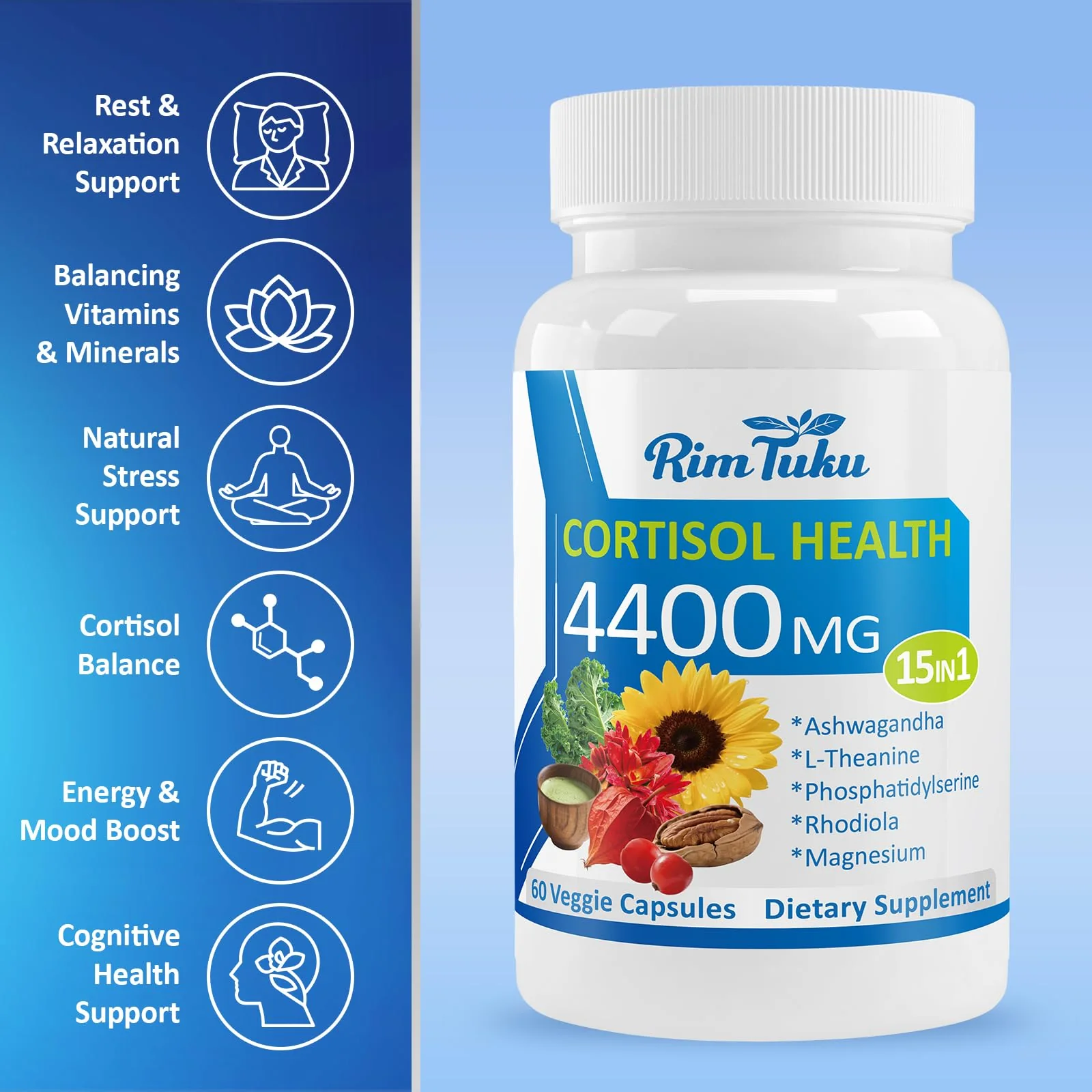 RimTuku Cortisol Supplements for Women & Men -15-in-1 Cortisol Detox for Women, Cortisol Manager & Reducer with Ashwagandha, Rhodiola Rosea Supports Stress Relief, Adrenal Balance, 120 Capsules - Image 6