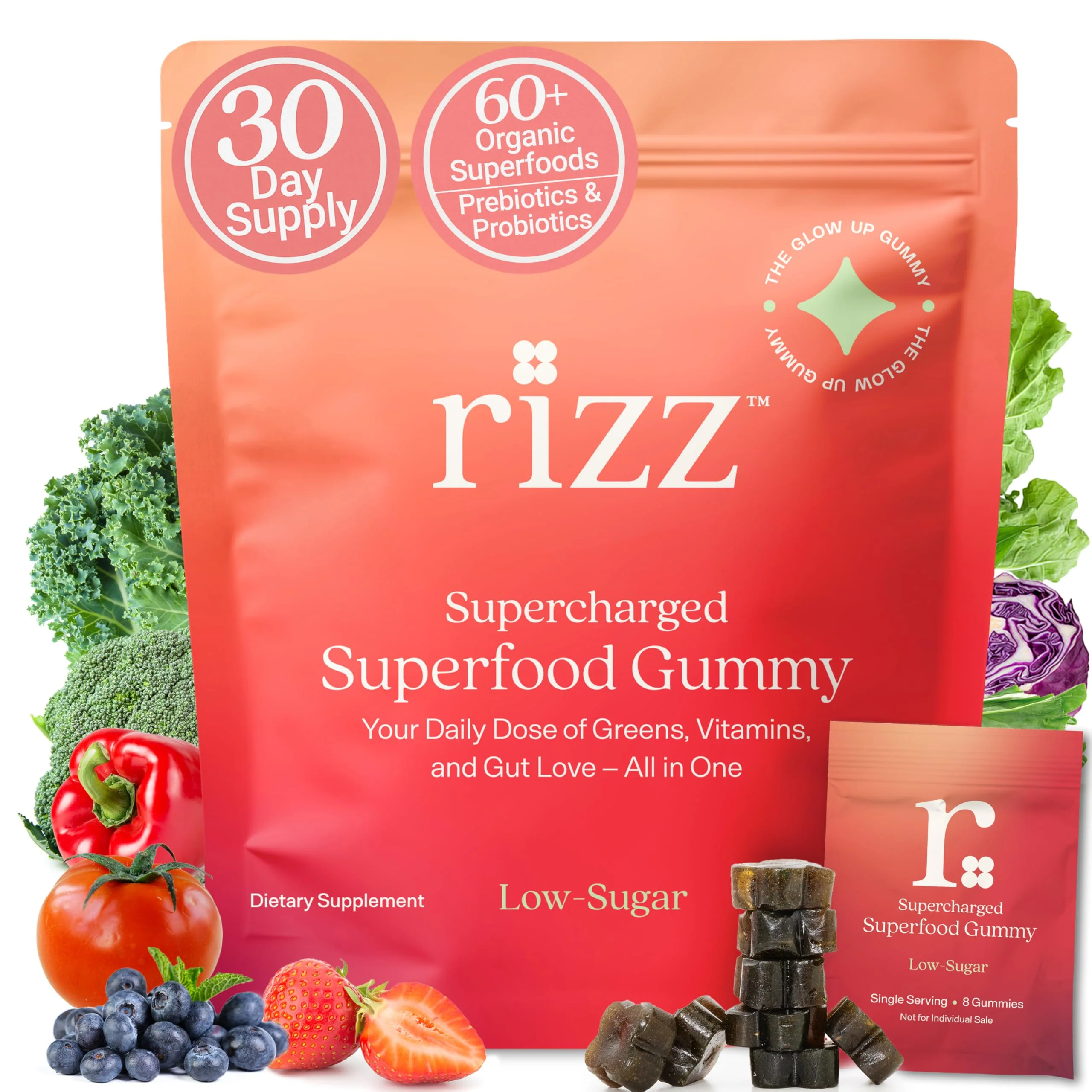 Rizz Low Sugar Green Gummies - 60+ Superfoods 6g Fiber - Prebiotic and Probiotic Gummies - Vegan Multivitamins for Women & Men - Gluten Free - Mushroom, Fruit and Vegetable Supplements - 30 Day Supply