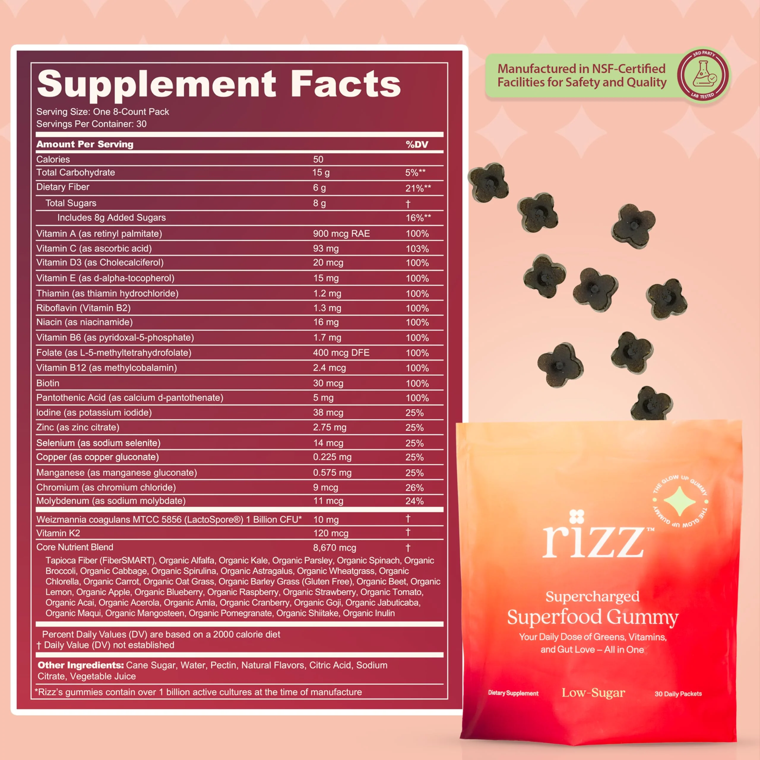 Rizz Low Sugar Green Gummies - 60+ Superfoods 6g Fiber - Prebiotic and Probiotic Gummies - Vegan Multivitamins for Women & Men - Gluten Free - Mushroom, Fruit and Vegetable Supplements - 30 Day Supply - Image 2