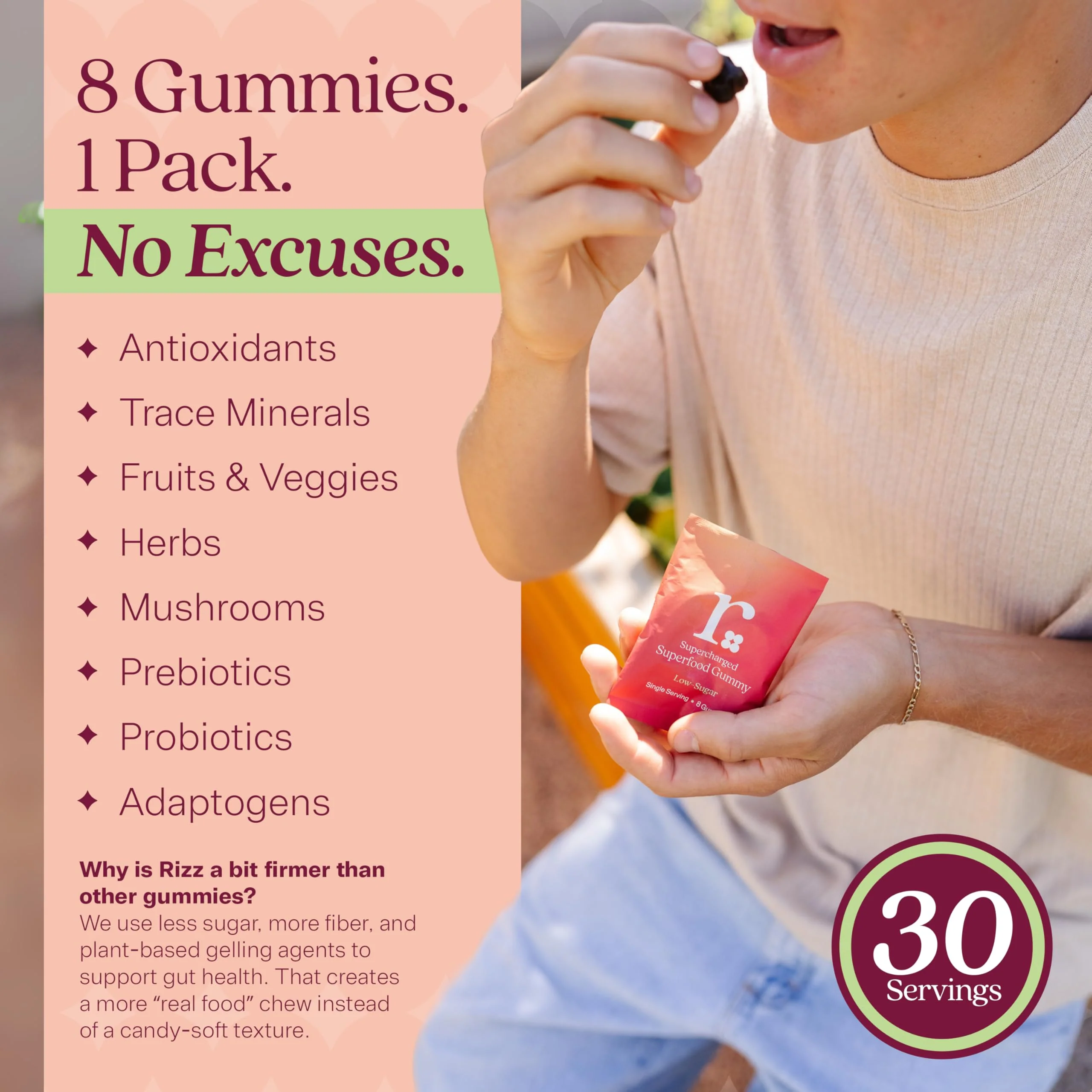 Rizz Low Sugar Green Gummies - 60+ Superfoods 6g Fiber - Prebiotic and Probiotic Gummies - Vegan Multivitamins for Women & Men - Gluten Free - Mushroom, Fruit and Vegetable Supplements - 30 Day Supply - Image 3