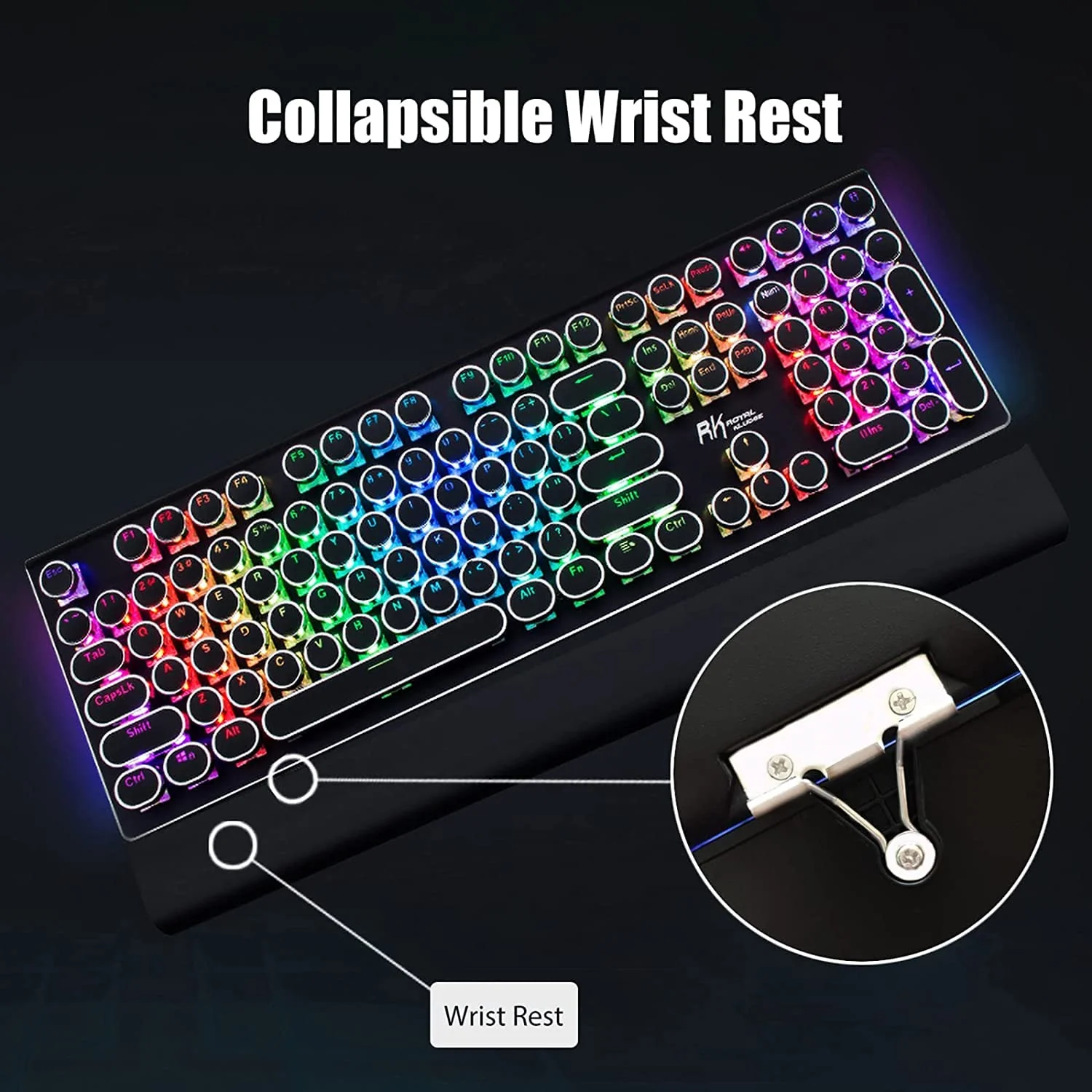 RK ROYAL KLUDGE S108 Typewriter Keyboard, Retro Mechanical Gaming Keyboard Wired 108 Keys with RGB Backlit Sidelight, Detachable Wrist Rest, Round Keycaps Blue Switches - Black - Image 7