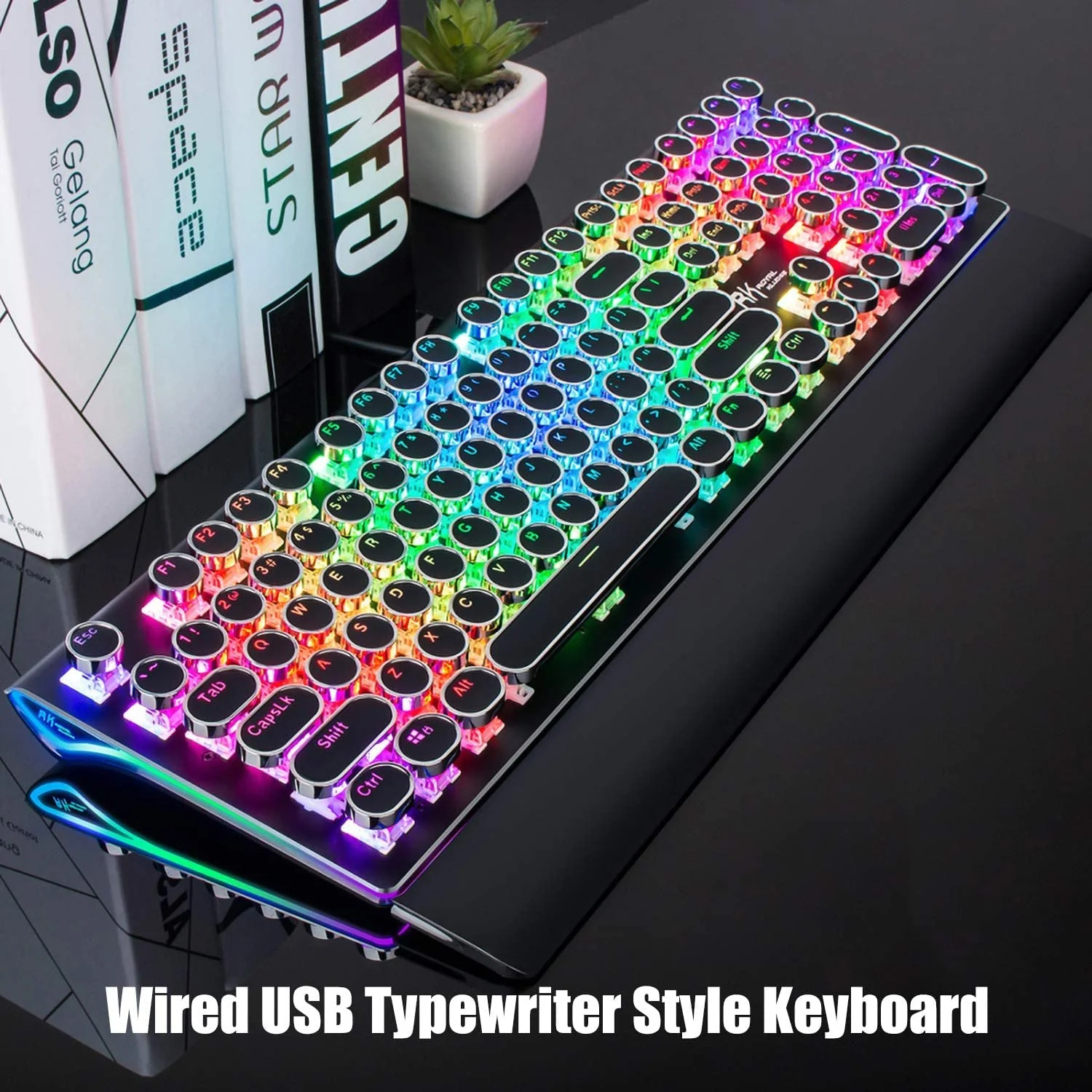 RK ROYAL KLUDGE S108 Typewriter Keyboard, Retro Mechanical Gaming Keyboard Wired 108 Keys with RGB Backlit Sidelight, Detachable Wrist Rest, Round Keycaps Blue Switches - Black - Image 8