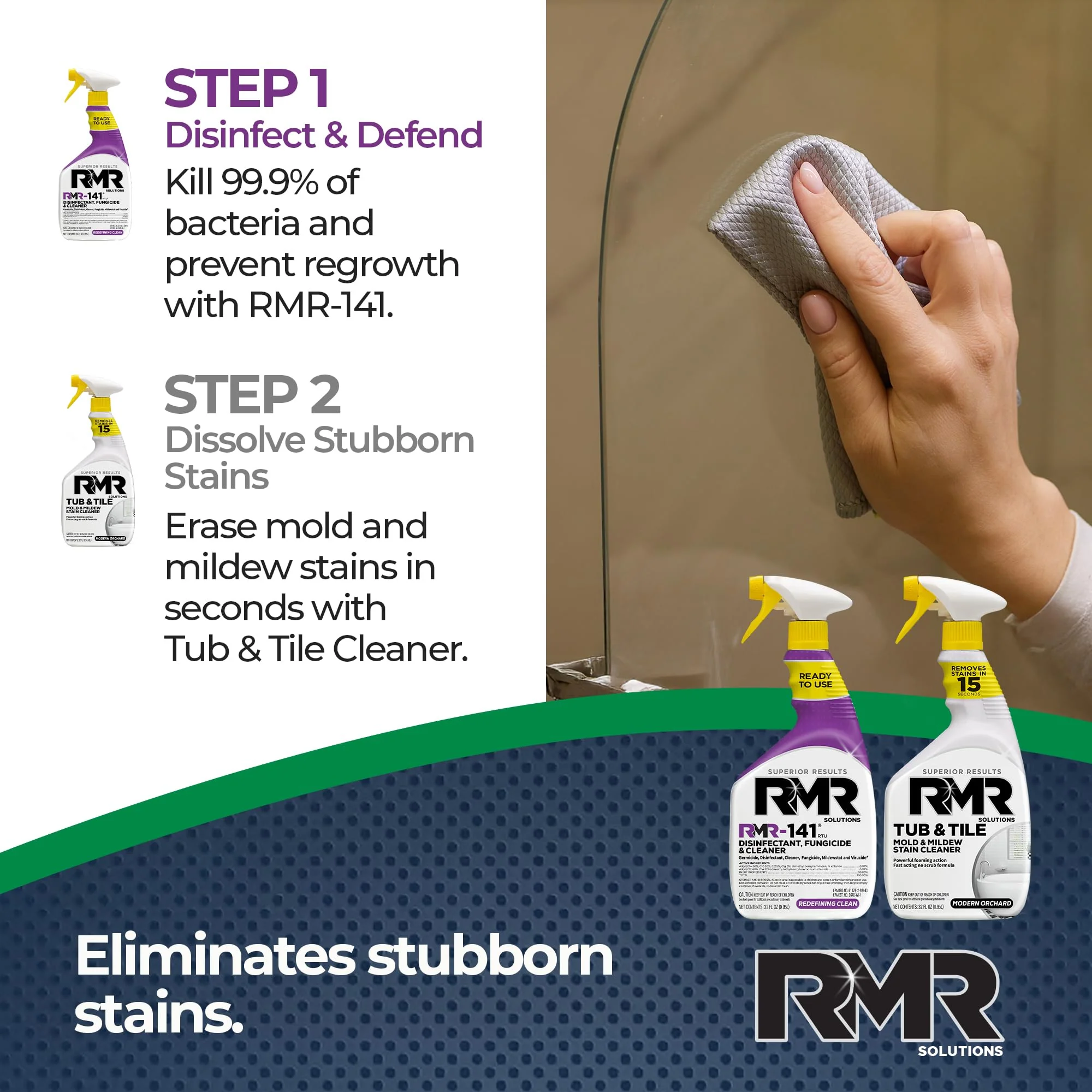 RMR Bathroom Brilliance Bundle – Tub & Tile Stain Spray + RMR-141 EPA Registered Mold & Mildew Remover, 2-Step Bathroom Cleaning & Disinfecting System for Showers, Sinks, Tile, Grout, 2–32 Oz Bottles - Image 6