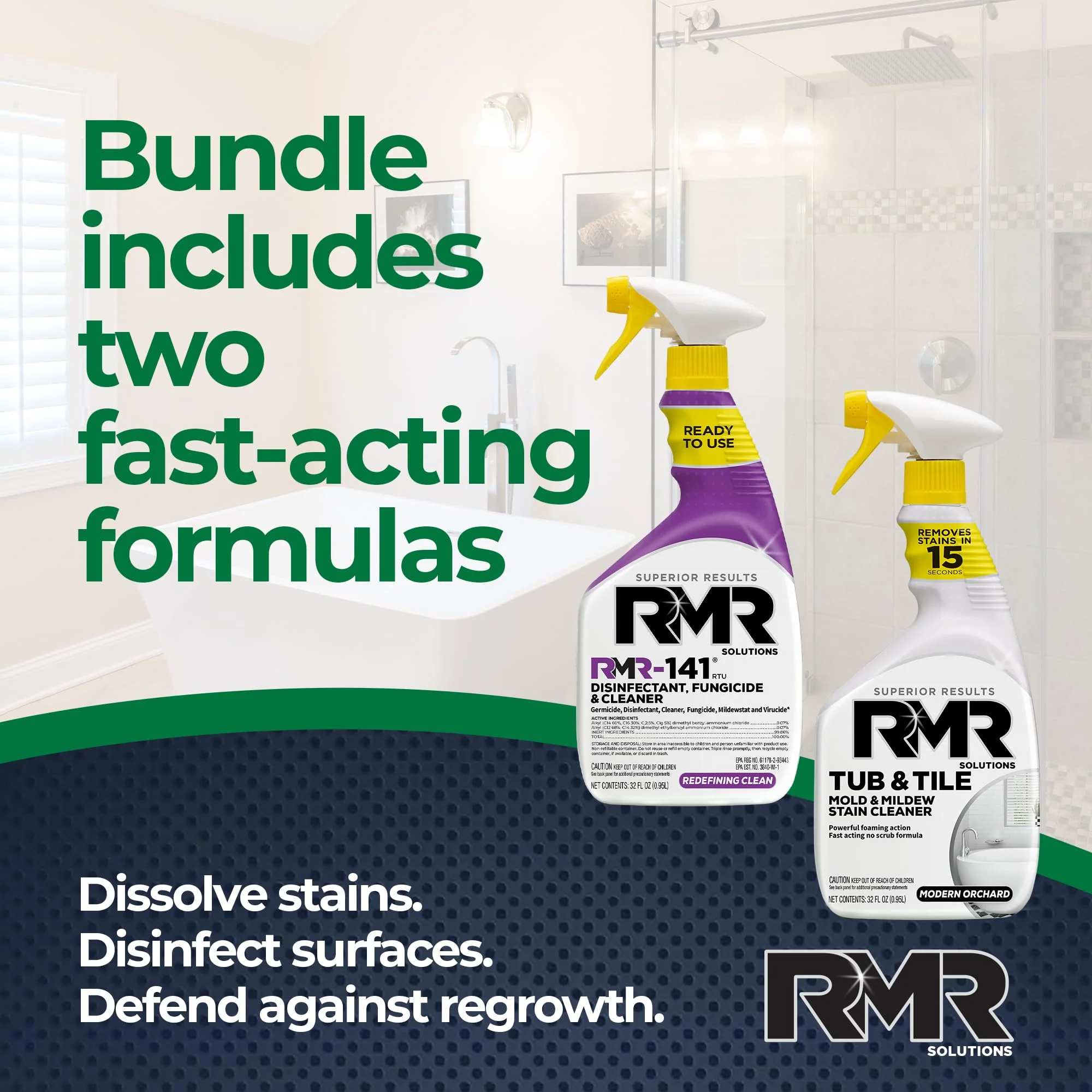RMR Bathroom Brilliance Bundle – Tub & Tile Stain Spray + RMR-141 EPA Registered Mold & Mildew Remover, 2-Step Bathroom Cleaning & Disinfecting System for Showers, Sinks, Tile, Grout, 2–32 Oz Bottles - Image 8