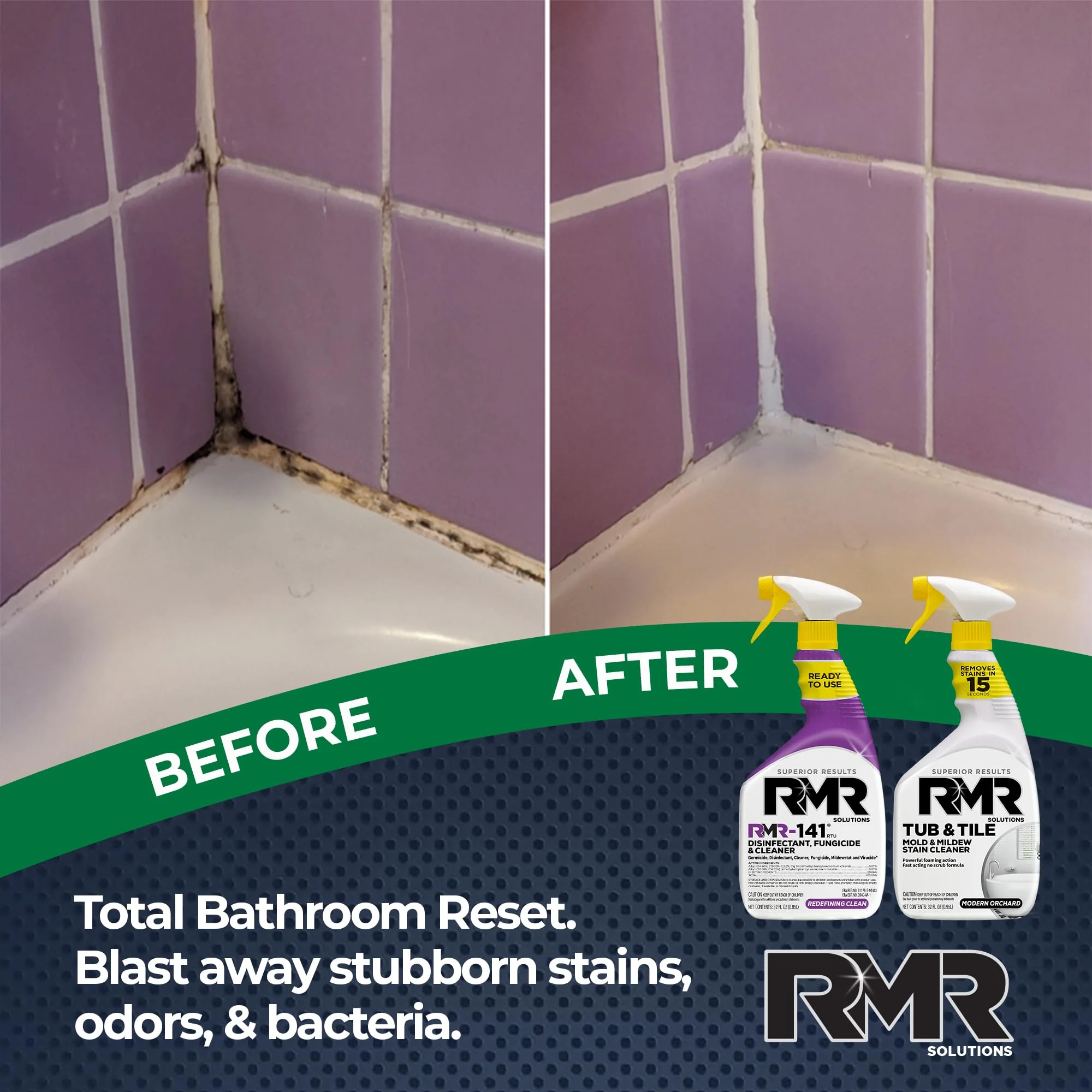 RMR Bathroom Brilliance Bundle – Tub & Tile Stain Spray + RMR-141 EPA Registered Mold & Mildew Remover, 2-Step Bathroom Cleaning & Disinfecting System for Showers, Sinks, Tile, Grout, 2–32 Oz Bottles - Image 9