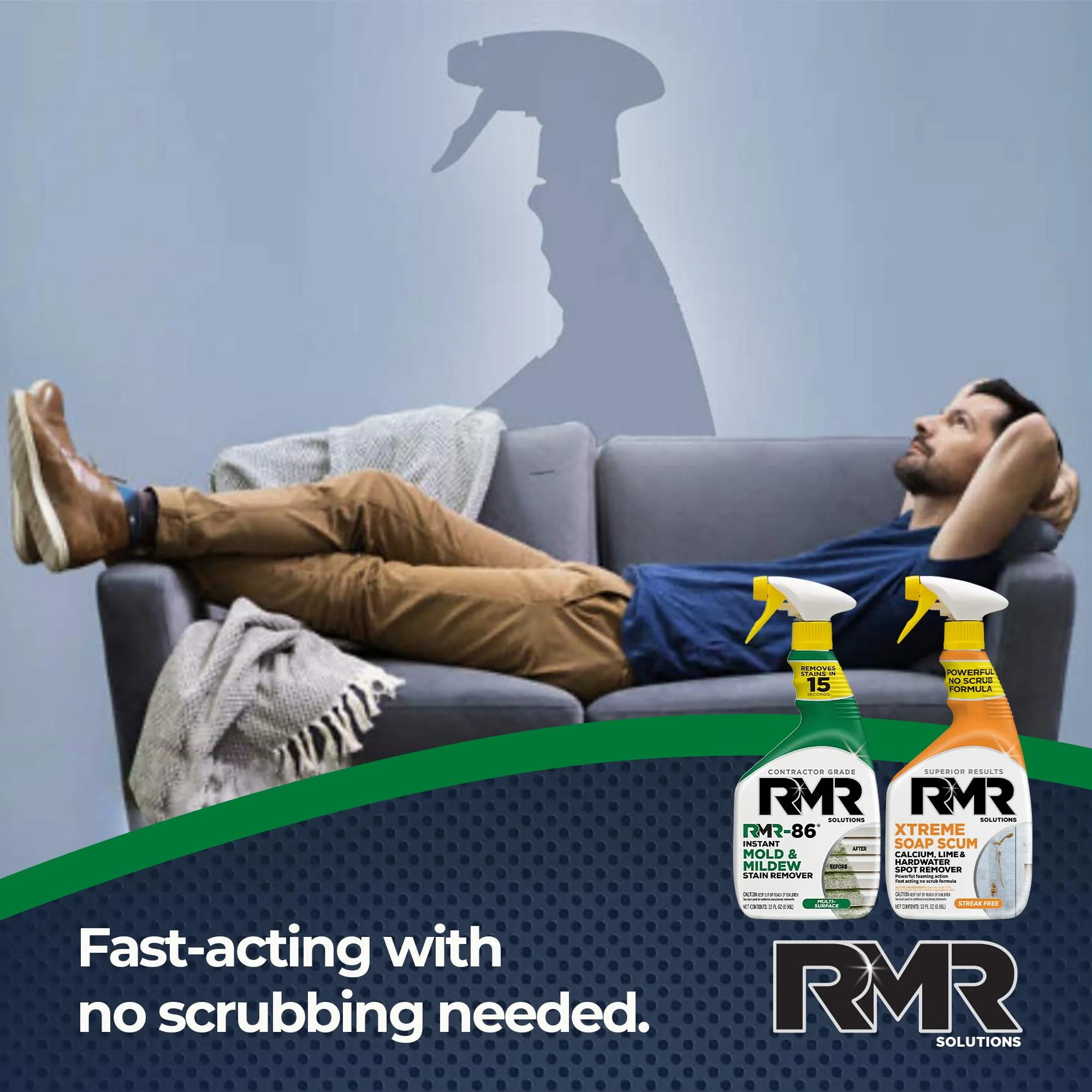 RMR Instant Mold & Mildew Stain Remover Spray + Xtreme Soap Scum Remover, No-Scrub Indoor/Outdoor Cleaning System for Bathroom, Shower, Siding, & Deck, 2–32 Oz Bottles - Image 2