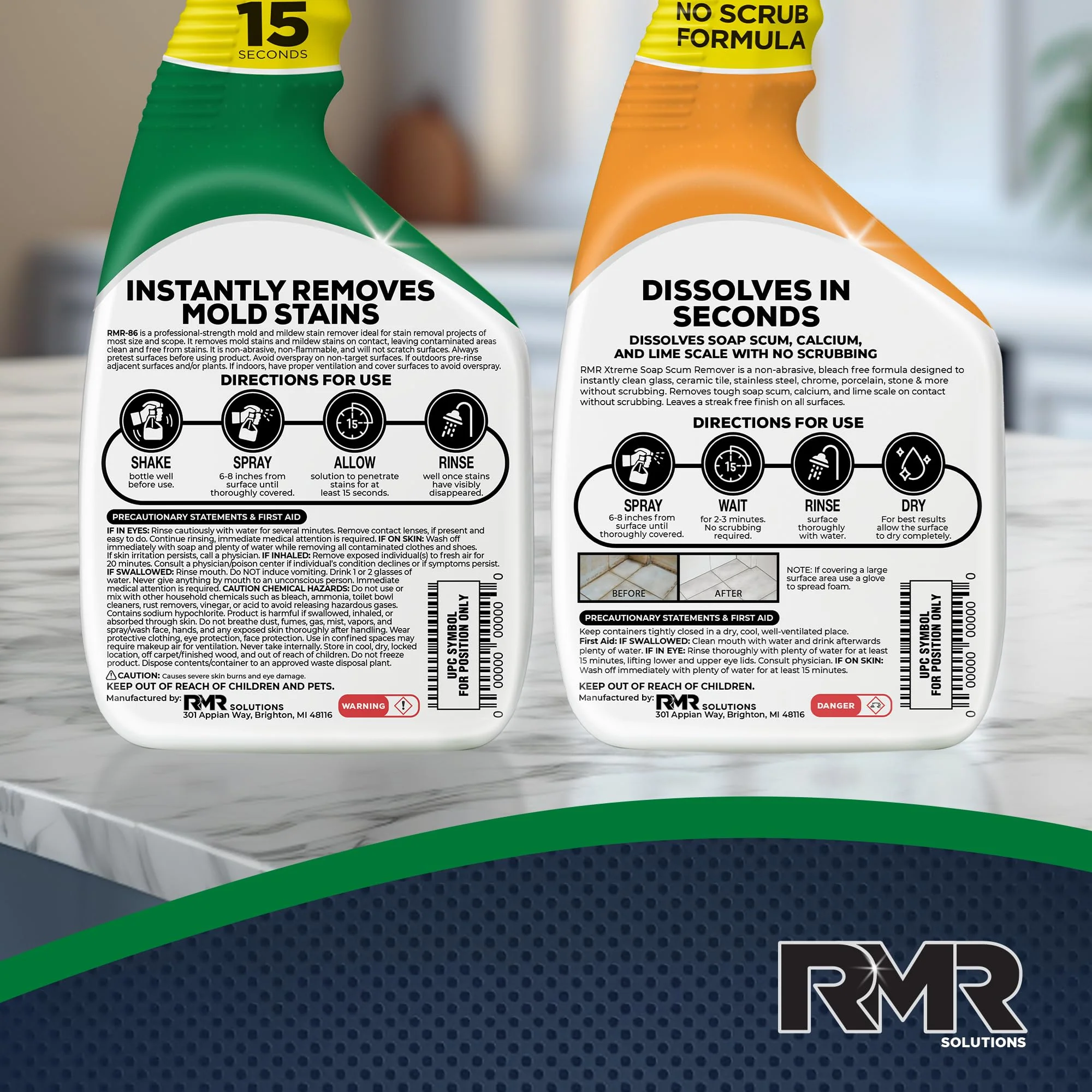 RMR Instant Mold & Mildew Stain Remover Spray + Xtreme Soap Scum Remover, No-Scrub Indoor/Outdoor Cleaning System for Bathroom, Shower, Siding, & Deck, 2–32 Oz Bottles - Image 3