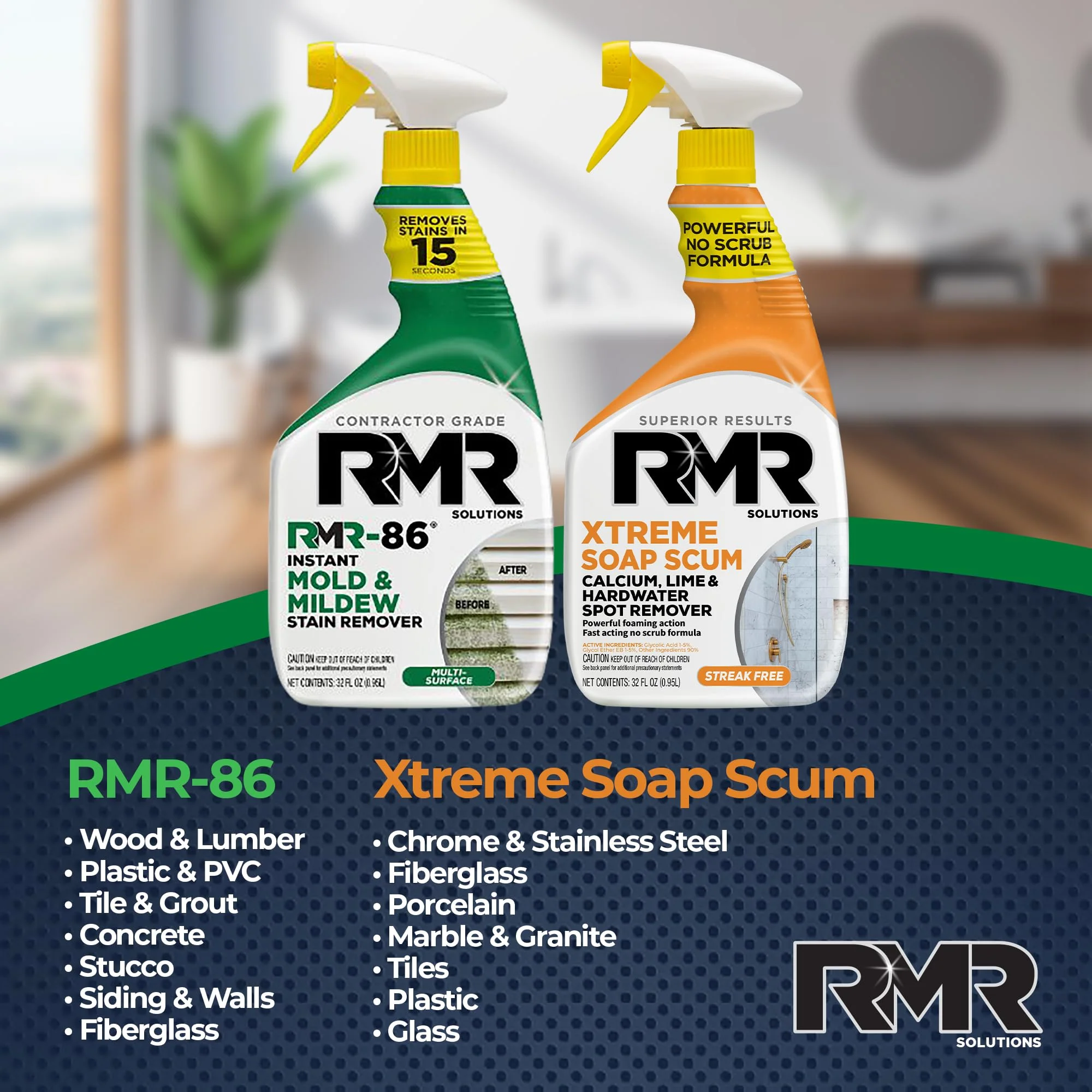 RMR Instant Mold & Mildew Stain Remover Spray + Xtreme Soap Scum Remover, No-Scrub Indoor/Outdoor Cleaning System for Bathroom, Shower, Siding, & Deck, 2–32 Oz Bottles - Image 4