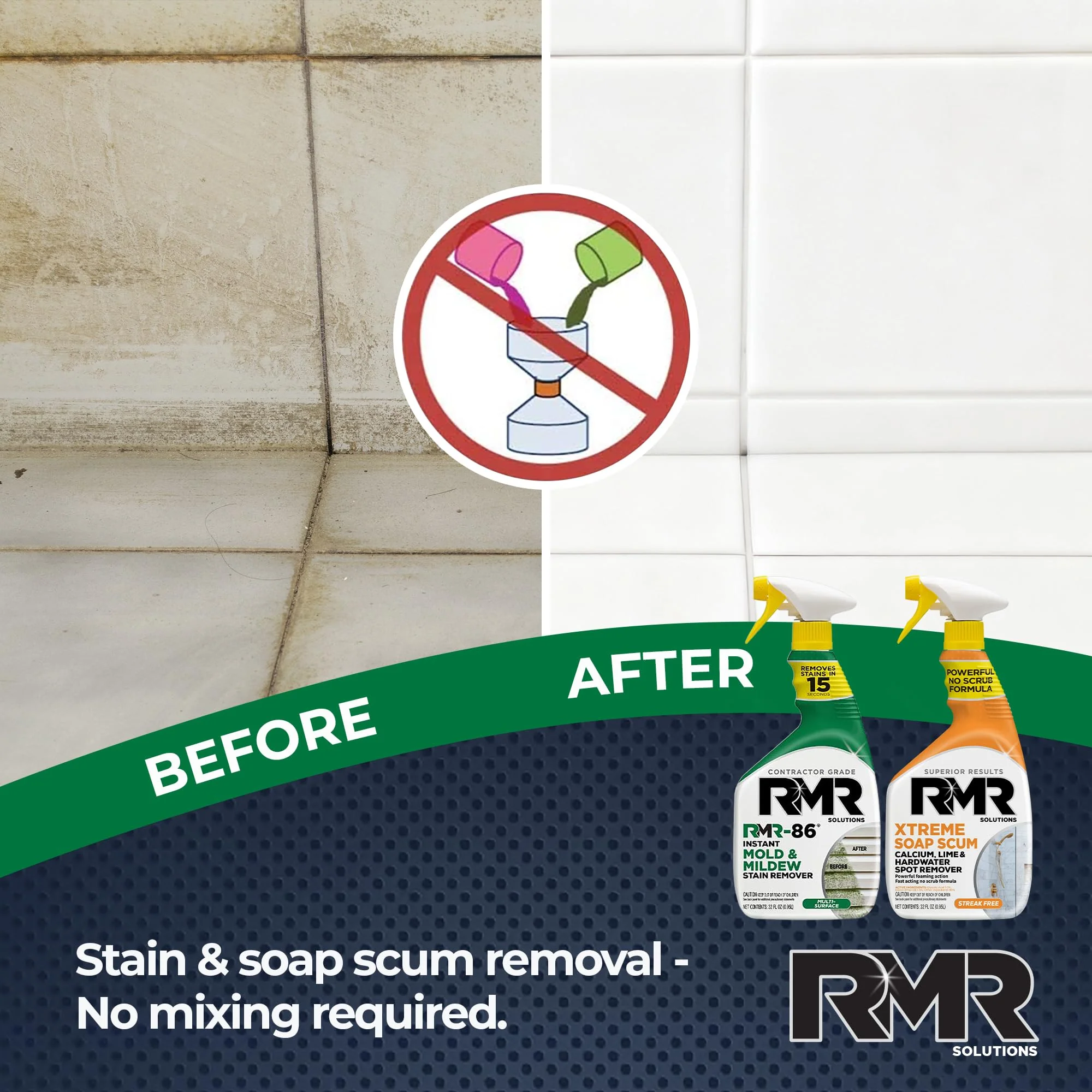 RMR Instant Mold & Mildew Stain Remover Spray + Xtreme Soap Scum Remover, No-Scrub Indoor/Outdoor Cleaning System for Bathroom, Shower, Siding, & Deck, 2–32 Oz Bottles - Image 7