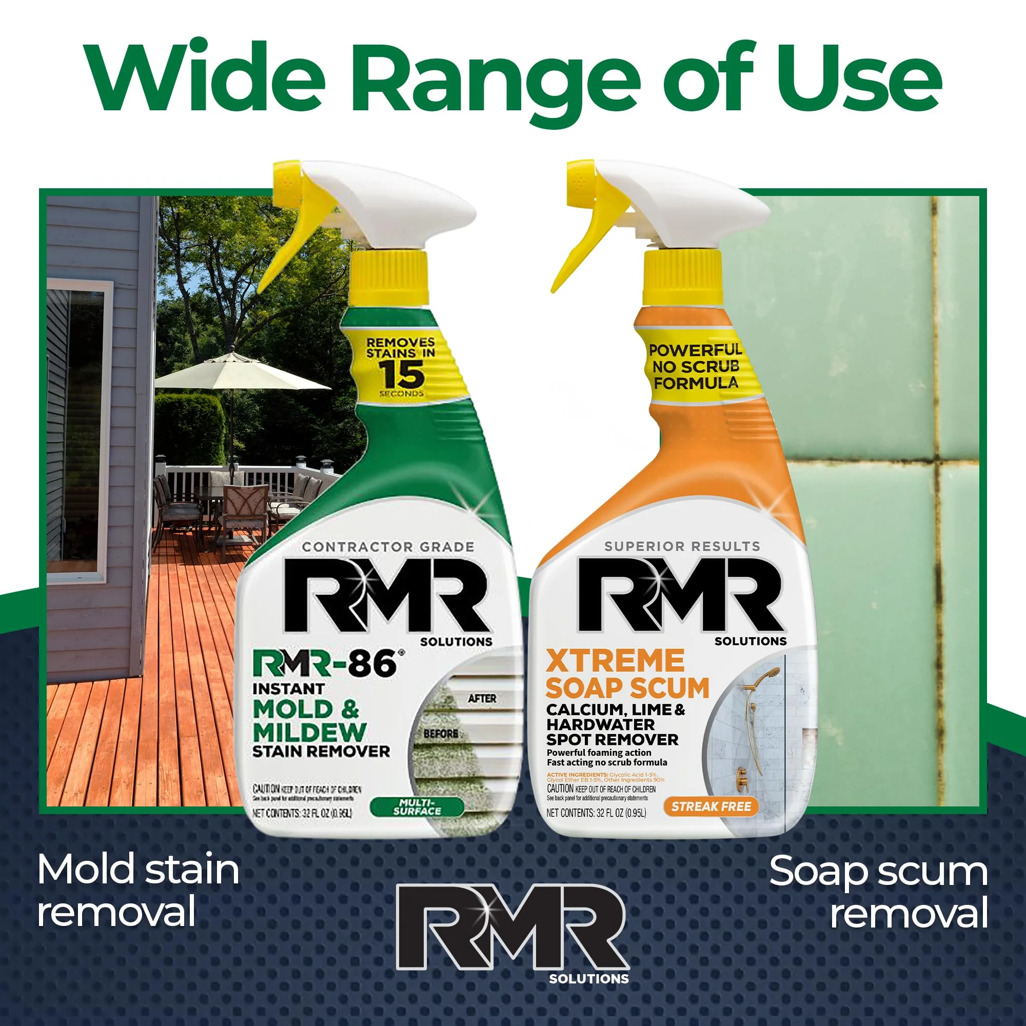 RMR Instant Mold & Mildew Stain Remover Spray + Xtreme Soap Scum Remover, No-Scrub Indoor/Outdoor Cleaning System for Bathroom, Shower, Siding, & Deck, 2–32 Oz Bottles - Image 9