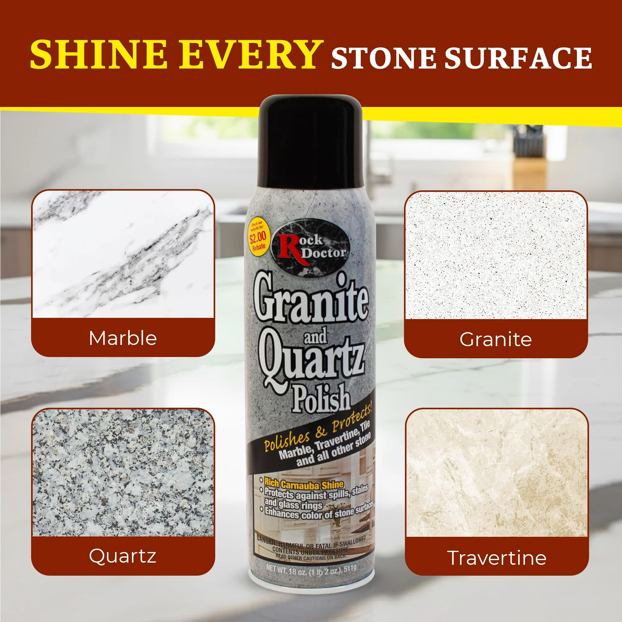 Rock Doctor Granite Polish Spray and Surface,18oz.Can Polish Tile, Marble, Kitchen Countertop, and Natural Stone Surfaces, Streak-Free Shine Pack of 2 - Image 3