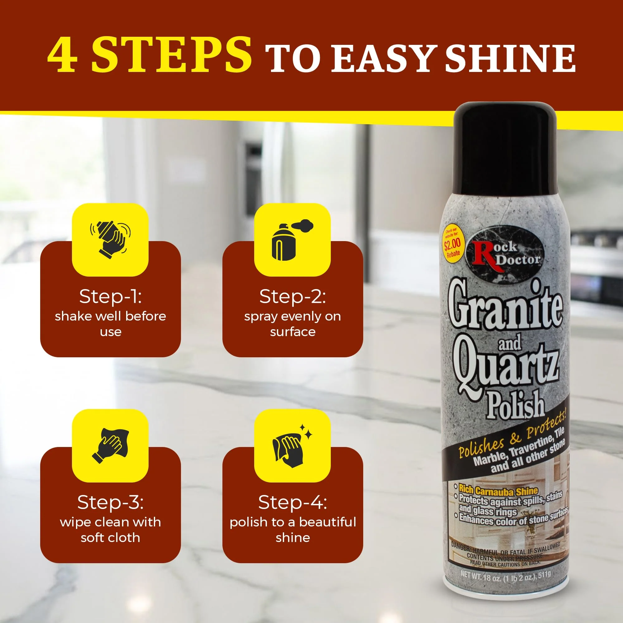 Rock Doctor Granite Polish Spray and Surface,18oz.Can Polish Tile, Marble, Kitchen Countertop, and Natural Stone Surfaces, Streak-Free Shine Pack of 2 - Image 5