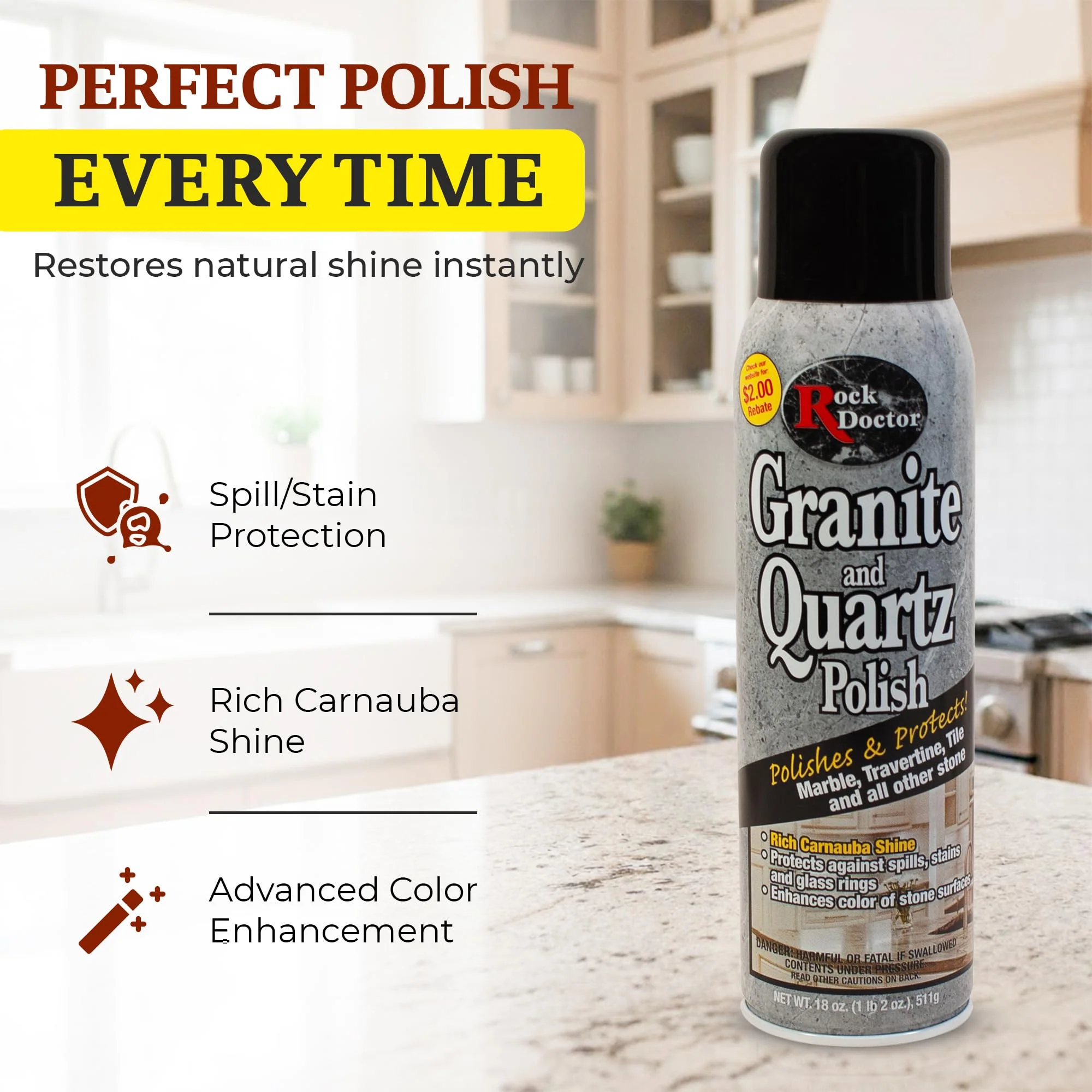Rock Doctor Granite Polish Spray and Surface,18oz.Can Polish Tile, Marble, Kitchen Countertop, and Natural Stone Surfaces, Streak-Free Shine Pack of 2 - Image 6