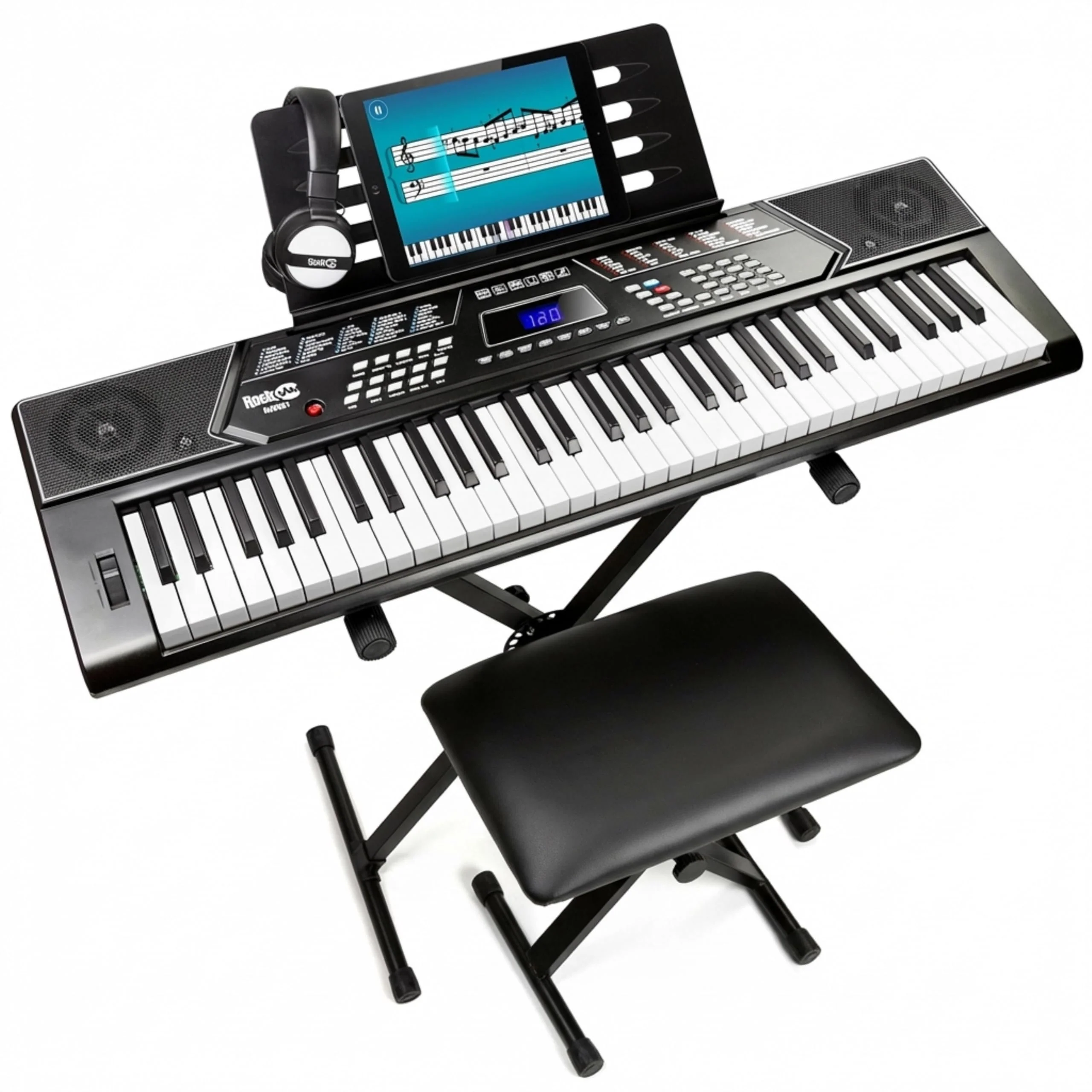 Rockjam RJ5061 RockJam 61 Key Keyboard Piano With Pitch Bend Kit, Keyboard Stand, Piano Bench, Headphones, Simply Piano App & Keynote Stickers, Black