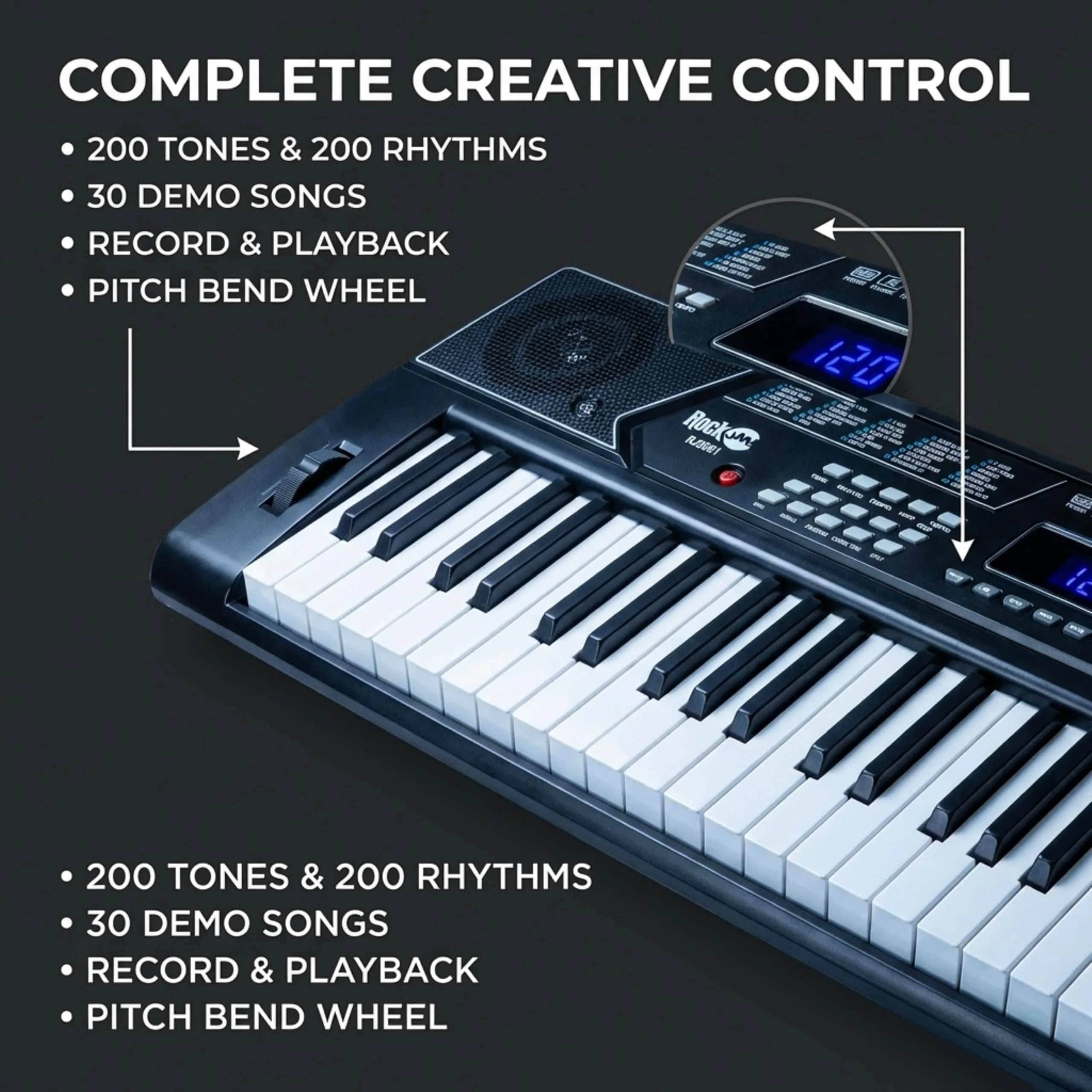 Rockjam RJ5061 RockJam 61 Key Keyboard Piano With Pitch Bend Kit, Keyboard Stand, Piano Bench, Headphones, Simply Piano App & Keynote Stickers, Black - Image 5