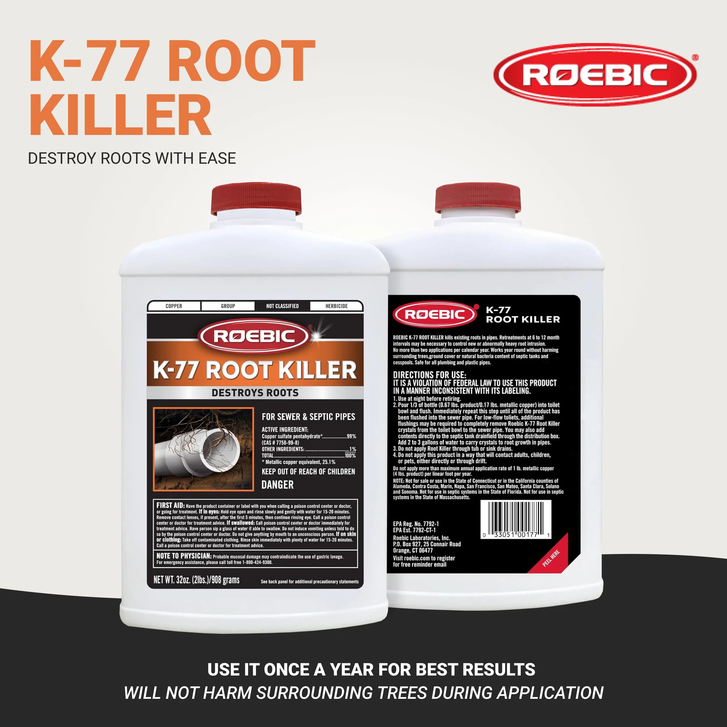 Roebic K-77 Granular Tree Root Killer, Chemical Septic System, Drain Field and Sewer Line Pipe Clog Remover and Root Destroyer, Safe for Bathroom Toilet, 32 oz - Image 6