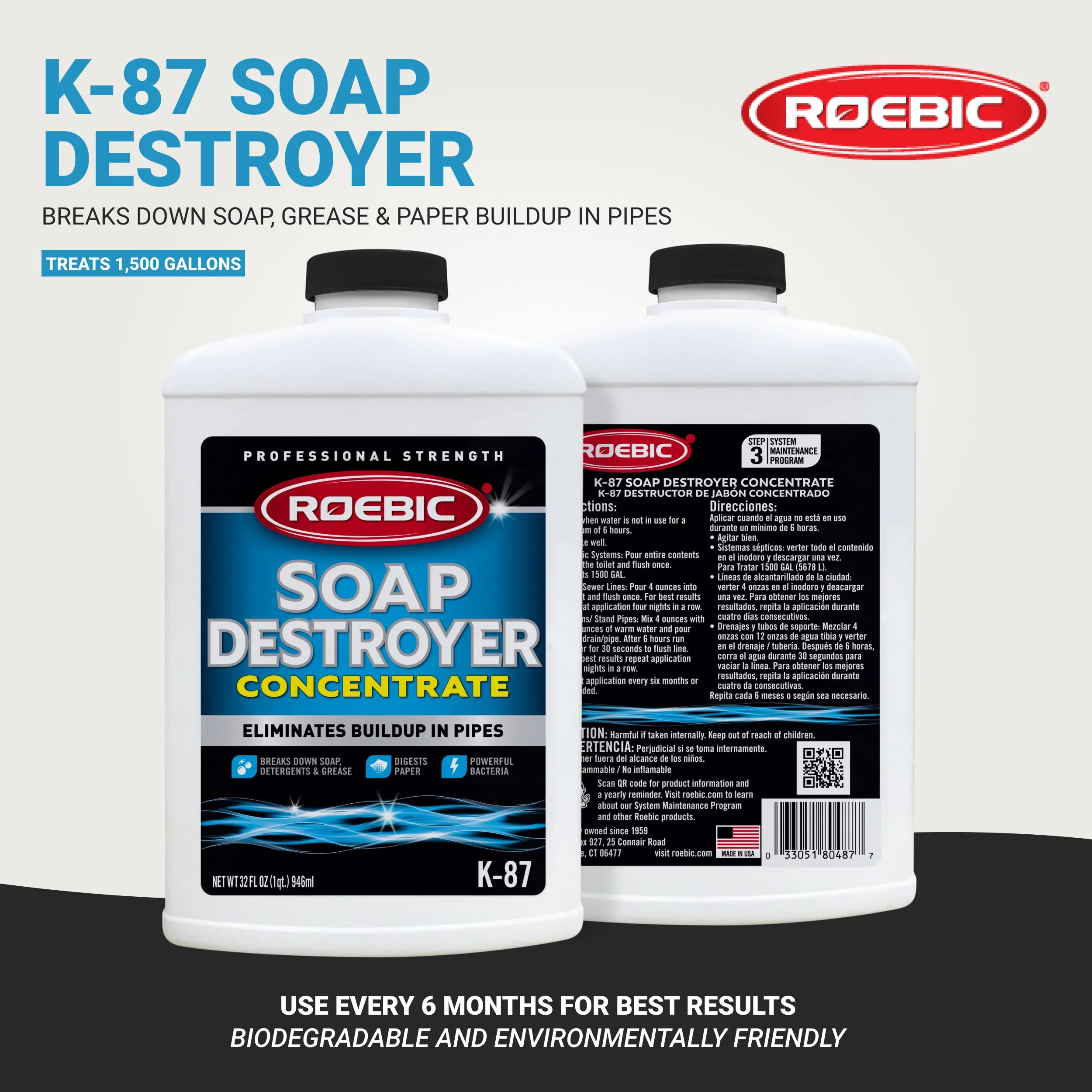 Roebic K-87 Liquid SGP Soap, Grease and Paper Digester with Bacteria, Eliminates Buildup in Pipes and Protects from Clogs, Treats 1500 Gallons, 32 fl oz Concentrate - Image 6