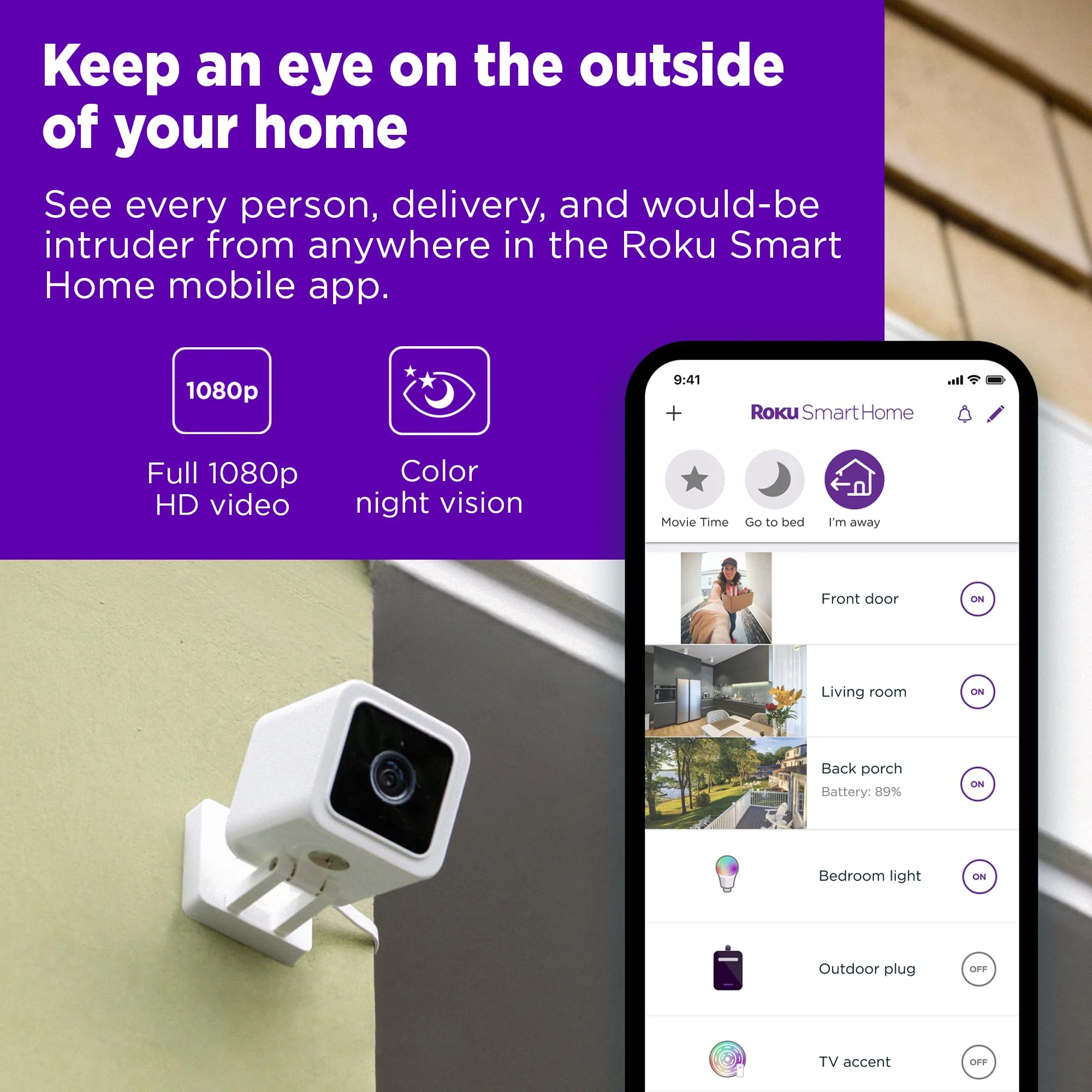 Roku Outdoor Camera for Home Security - IP65 Weather Resistant Wired Security Camera with 1080p HD Night Vision, Works with Alexa & Google, Motion & Sound Detection - 90-Day Subscription Included - Image 3