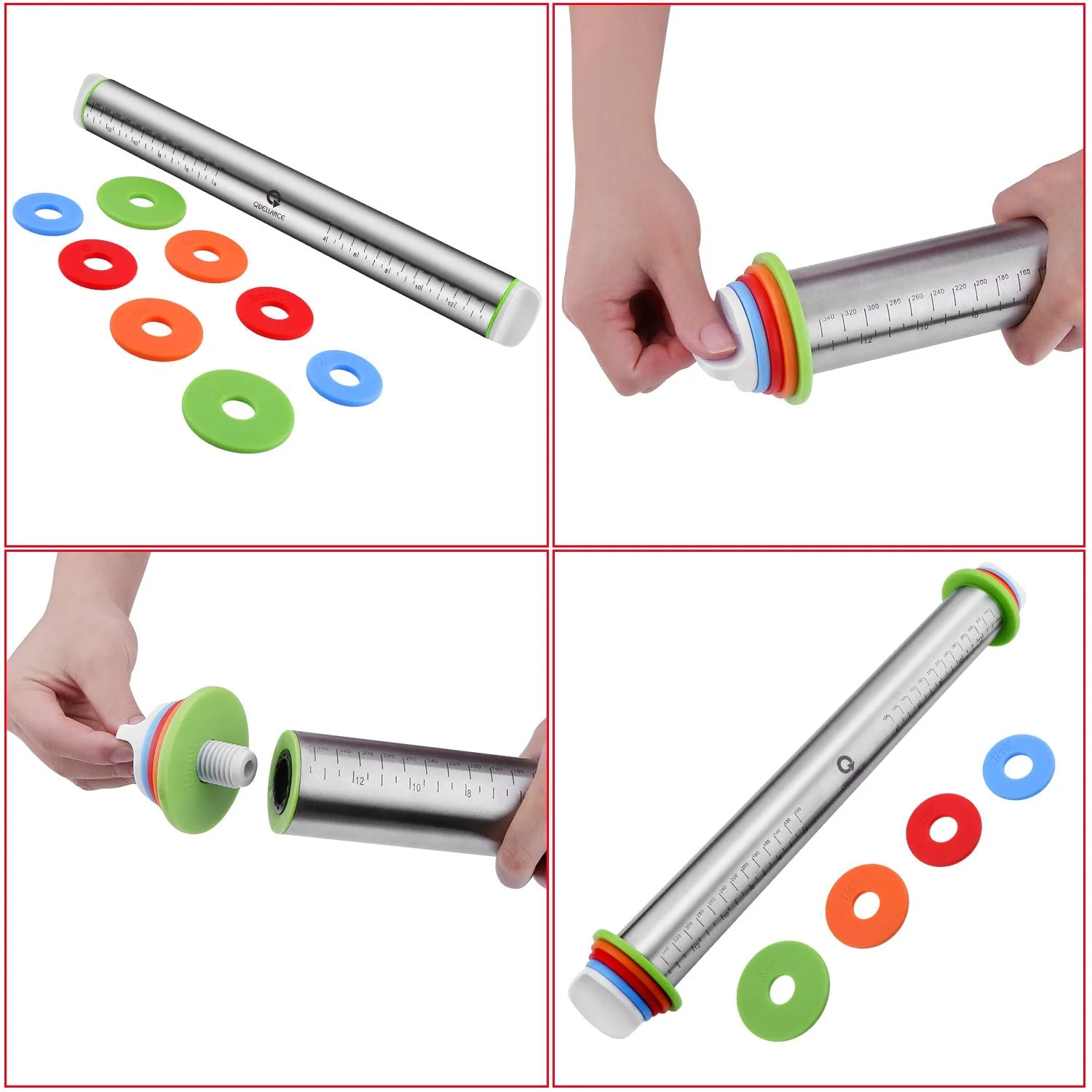 Rolling Pin and Pastry Baking Mat Set, Rolling Pins with Adjustable Thickness Rings, Stainless Steel Dough Roller for Baking Fondant, Pizza, Pie, Pastry, Pasta, Cookies (Black Mat) - Image 5