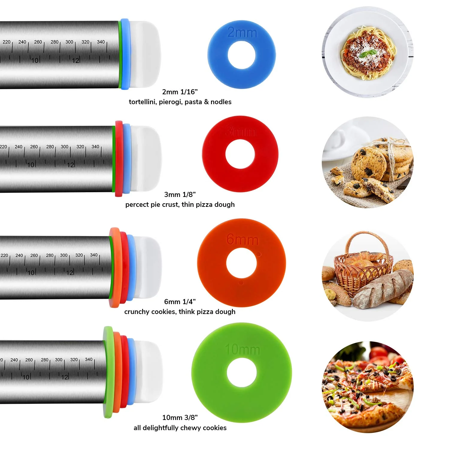 Rolling Pin and Pastry Baking Mat Set, Rolling Pins with Adjustable Thickness Rings, Stainless Steel Dough Roller for Baking Fondant, Pizza, Pie, Pastry, Pasta, Cookies (Black Mat) - Image 6