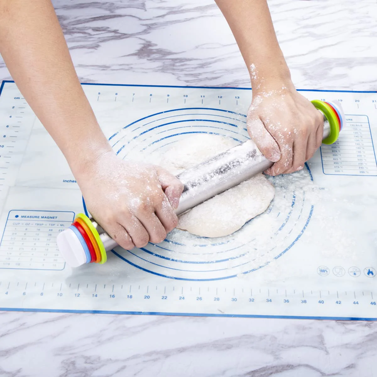 Rolling Pin and Pastry Baking Mat Set, Rolling Pins with Adjustable Thickness Rings, Stainless Steel Dough Roller for Baking Fondant, Pizza, Pie, Pastry, Pasta, Cookies (Blue) - Image 3