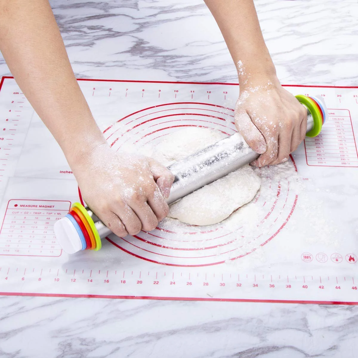 Rolling Pin and Pastry Baking Mat Set, Rolling Pins with Adjustable Thickness Rings, Stainless Steel Dough Roller for Baking Fondant, Pizza, Pie, Pastry, Pasta, Cookies (Red Mat) - Image 4