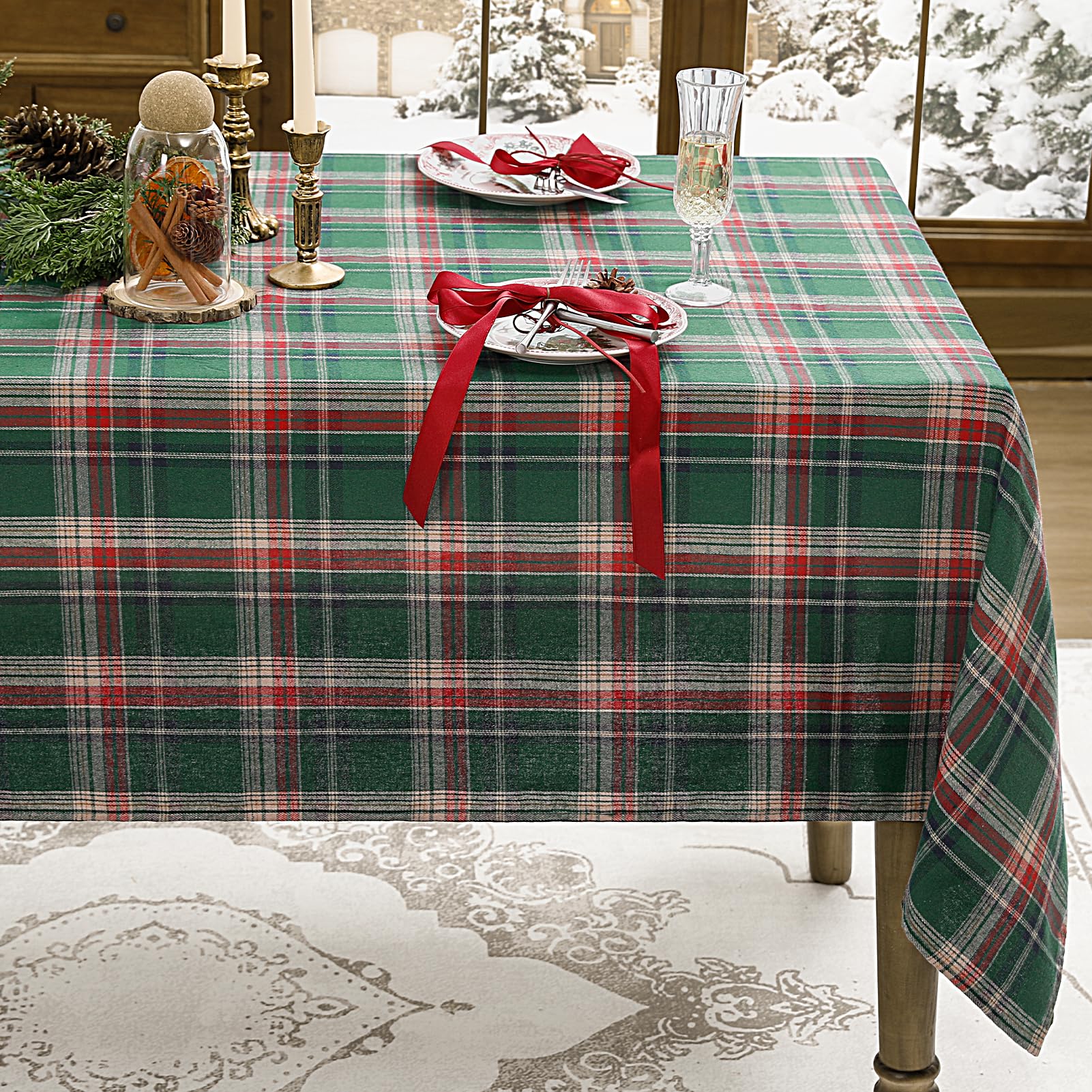 Romanstile Christmas Checkered Tablecloth Rectangle - 54 x 120 Inch - Green Buffalo Plaid Cotton Flannel Table Cloths, Xmas Winter Stain Resistant Washable Table Cover for Holiday/Party/Dining Decor