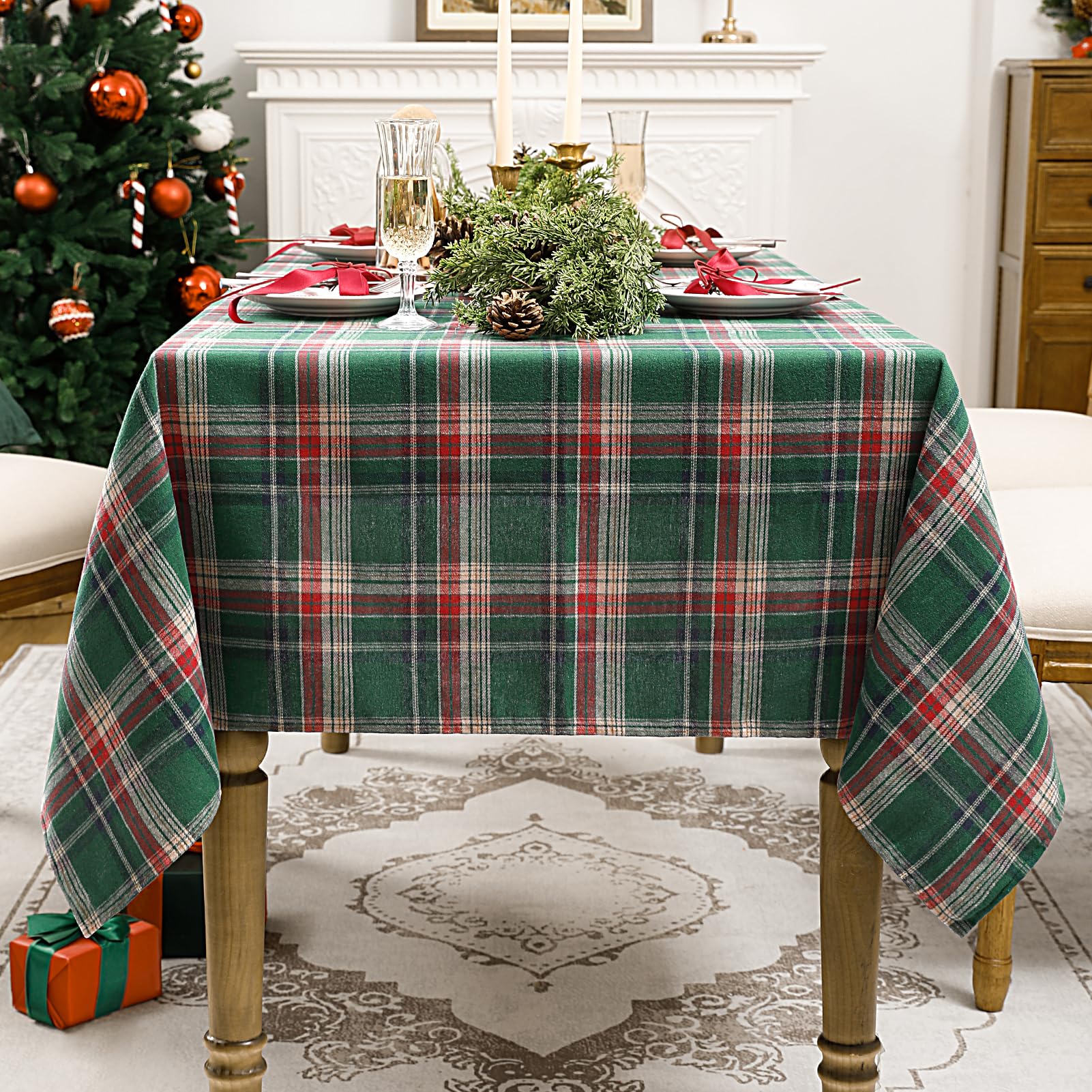 Romanstile Christmas Checkered Tablecloth Rectangle - 54 x 120 Inch - Green Buffalo Plaid Cotton Flannel Table Cloths, Xmas Winter Stain Resistant Washable Table Cover for Holiday/Party/Dining Decor - Image 2
