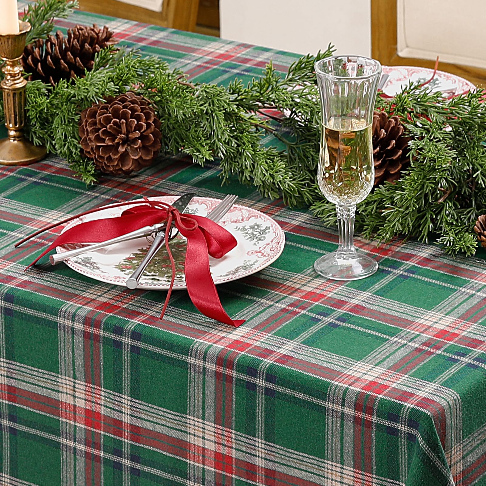 Romanstile Christmas Checkered Tablecloth Rectangle - 54 x 120 Inch - Green Buffalo Plaid Cotton Flannel Table Cloths, Xmas Winter Stain Resistant Washable Table Cover for Holiday/Party/Dining Decor - Image 6