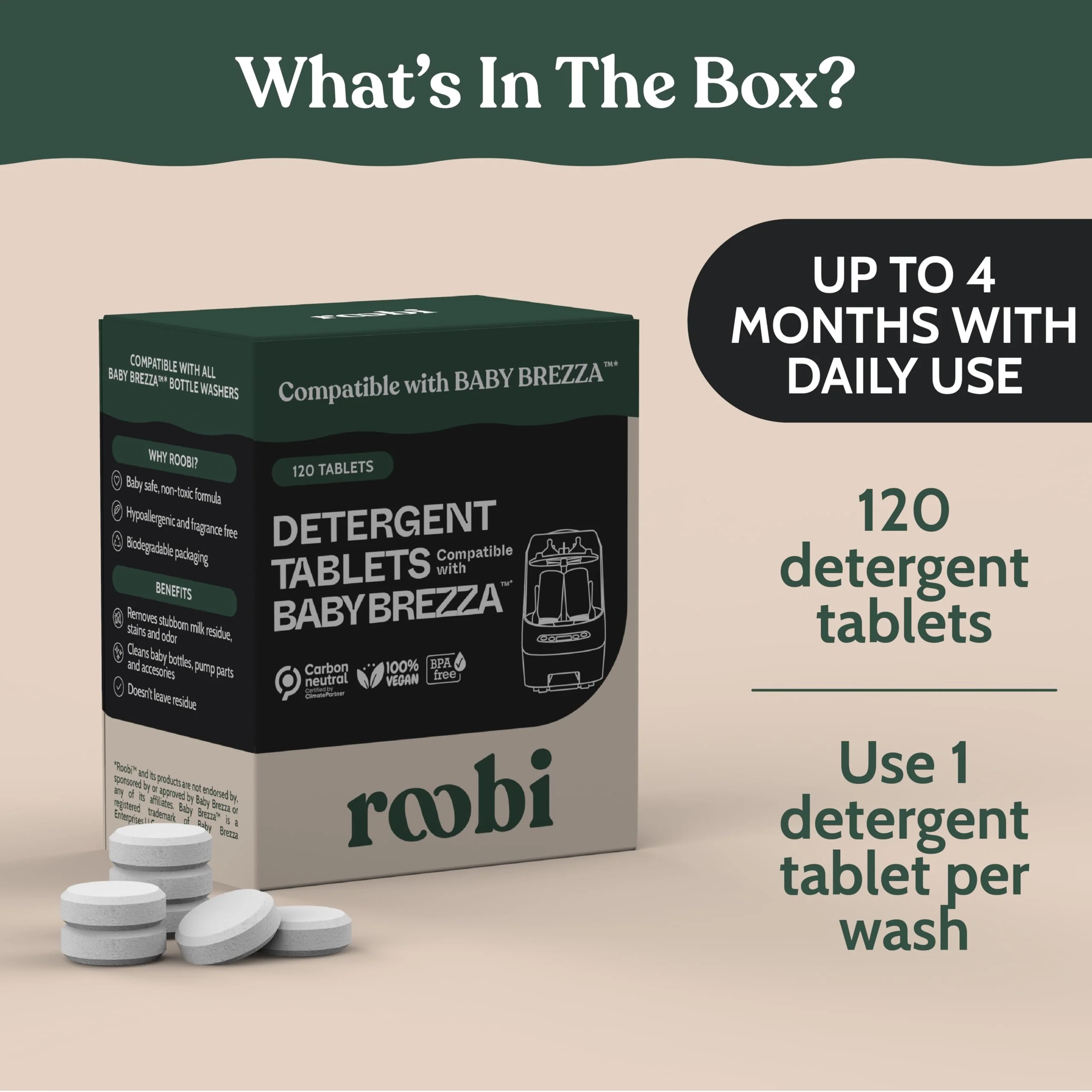 Roobi Detergent Tablets Compatible with Baby Brezza Bottle Washer Pro. Removes Milk Residue & Odor, Hypoallergenic Carbon Neutral Formula. 120 Count. - Image 2