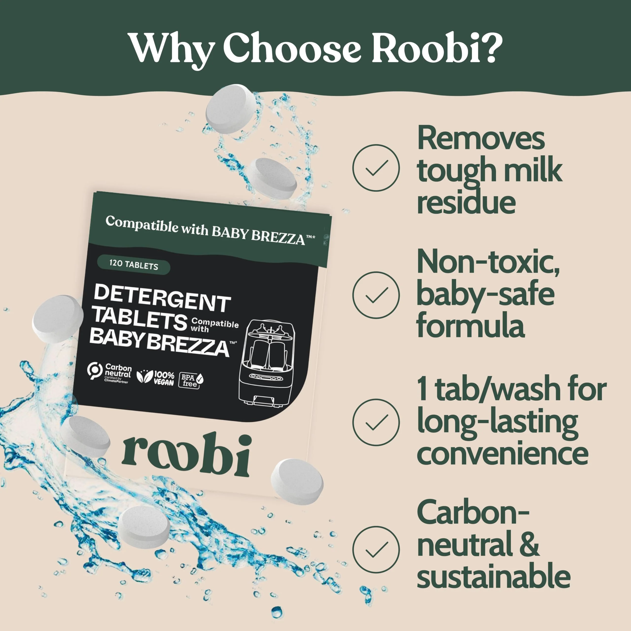 Roobi Detergent Tablets Compatible with Baby Brezza Bottle Washer Pro. Removes Milk Residue & Odor, Hypoallergenic Carbon Neutral Formula. 120 Count. - Image 6