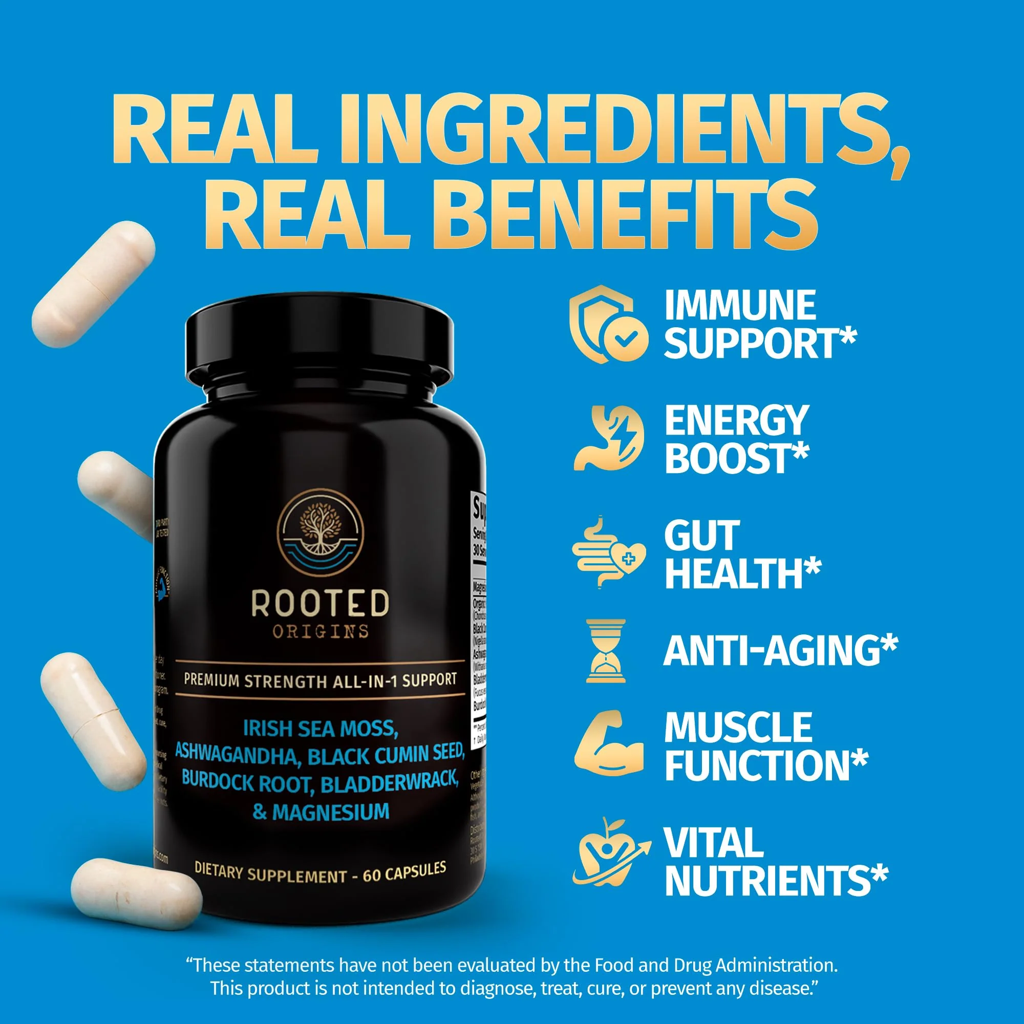 Rooted Origins Sea Moss Capsules – Irish Sea Moss Advanced, Magnesium, Ashwaghanda, Black Seed Oil, Burdock Root & Bladderwrack – Immune Support, Gut Health, Energy, & More – 60 Capsules - Image 2