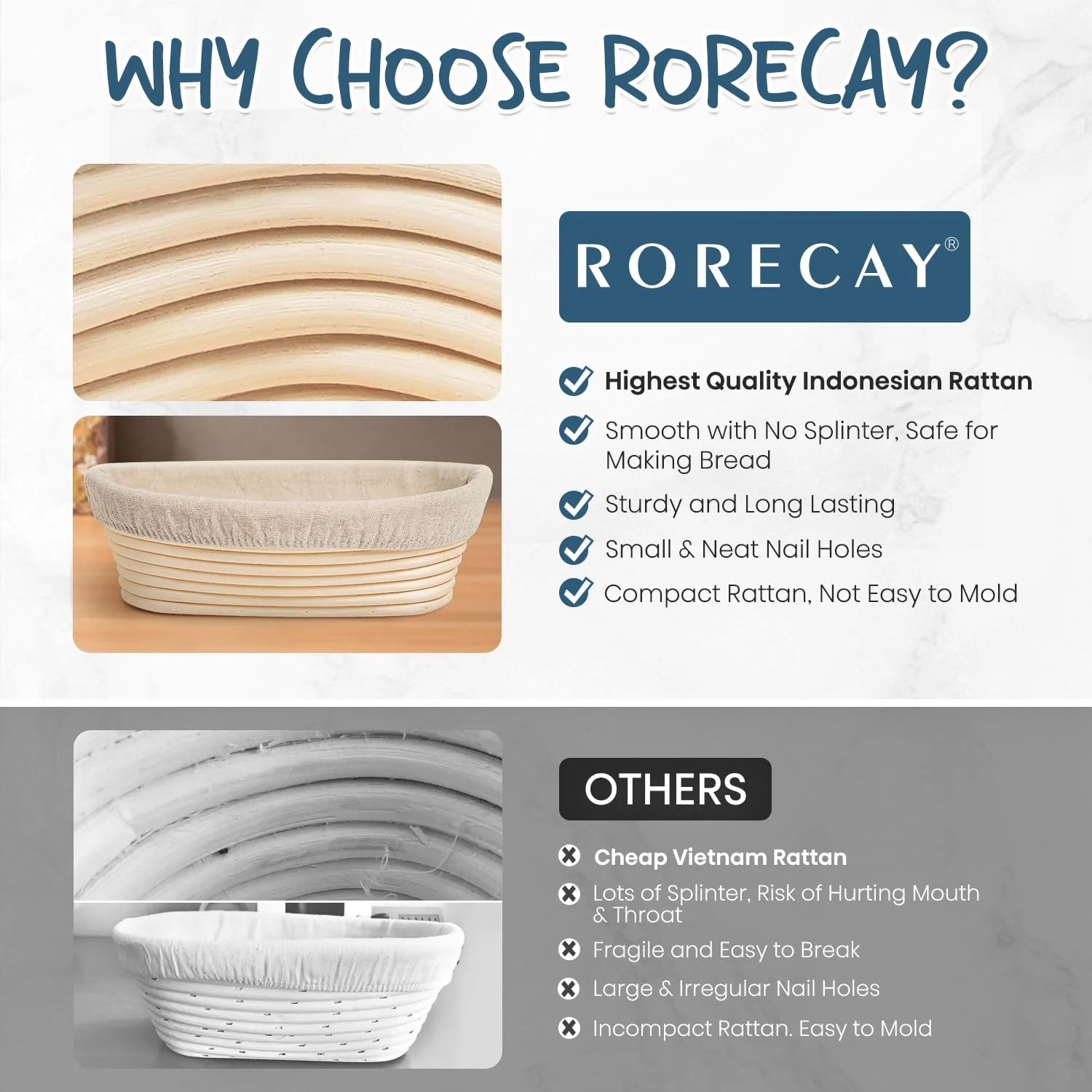 RORECAY Bread Banneton Proofing Basket Set, 9 Inch Round & 10 Inch Oval Cane Sourdough Baskets with Dough Whisk Bread Lame Dough Scraper Bowl Scraper Silicone Brush Sourdough Bread Baking Supplies - Image 2