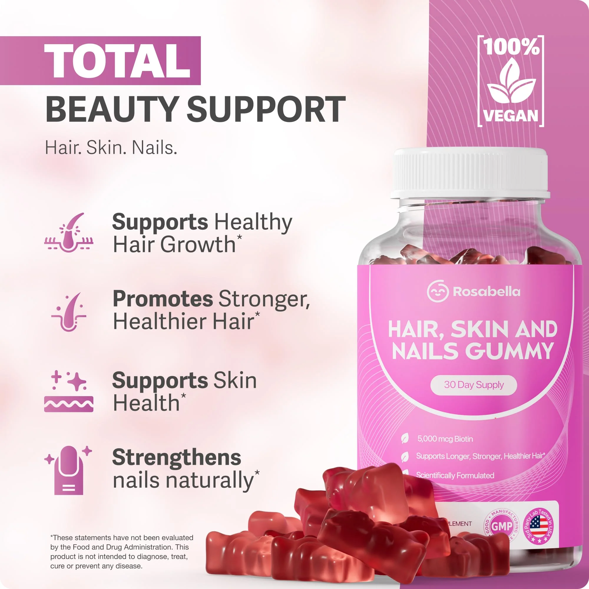 Rosabella® Hair Growth Vitamin Gummies [60 Gummies] Biotin for Faster Hair Growth Women & Men - Nail, Skin (5.000mcg Biotin) (60 Count (Pack of 3)) - Image 4
