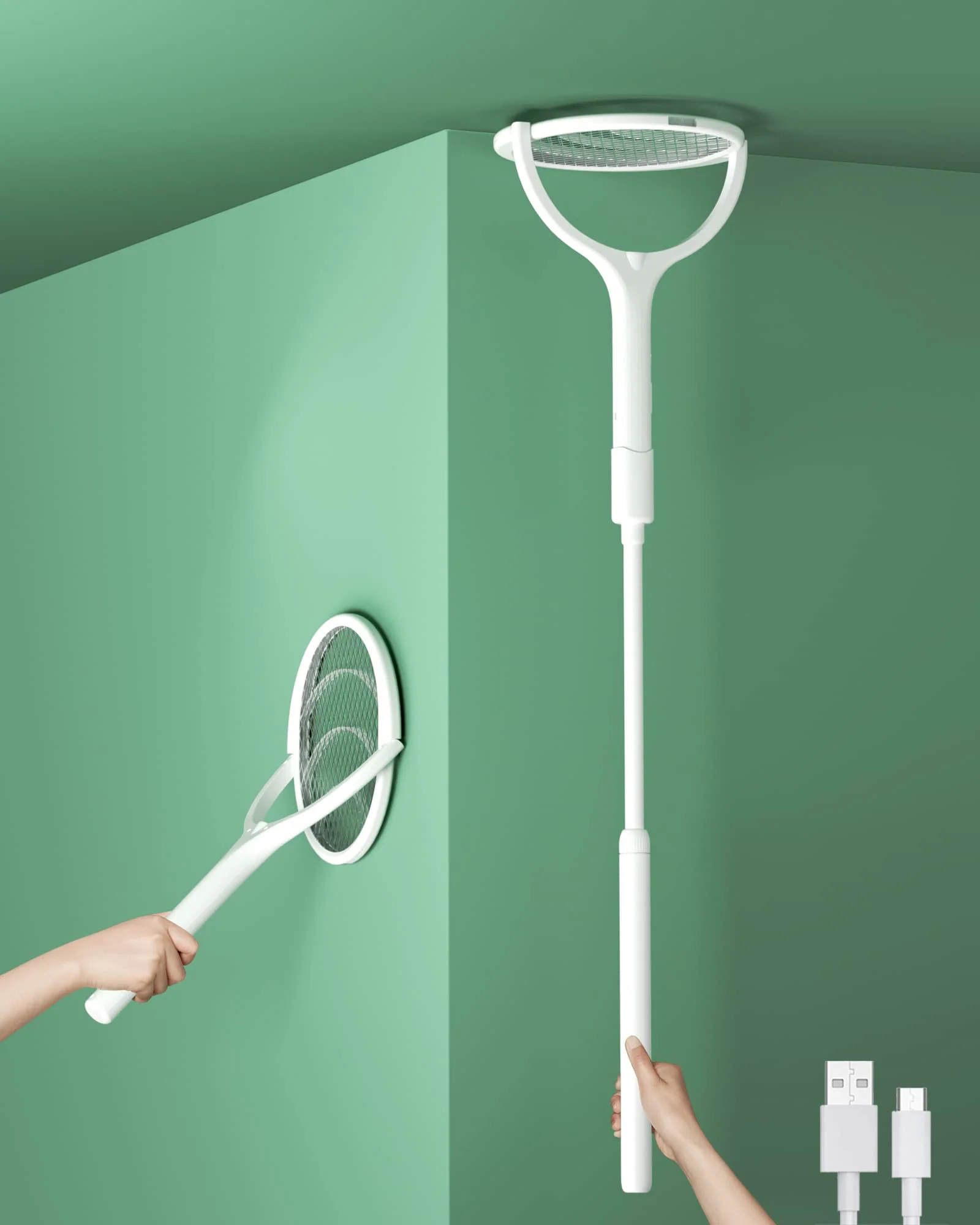 Rotating Head Rechargeable Electric Fly Swatter Racket Bug Zapper Racket Mosquito Zapper Indoor Bug Zapper Fruit Fly Zapper Spider Killer Gnat Trap Wasp Catcher, with a Telescopic Extension Wand - Image 2