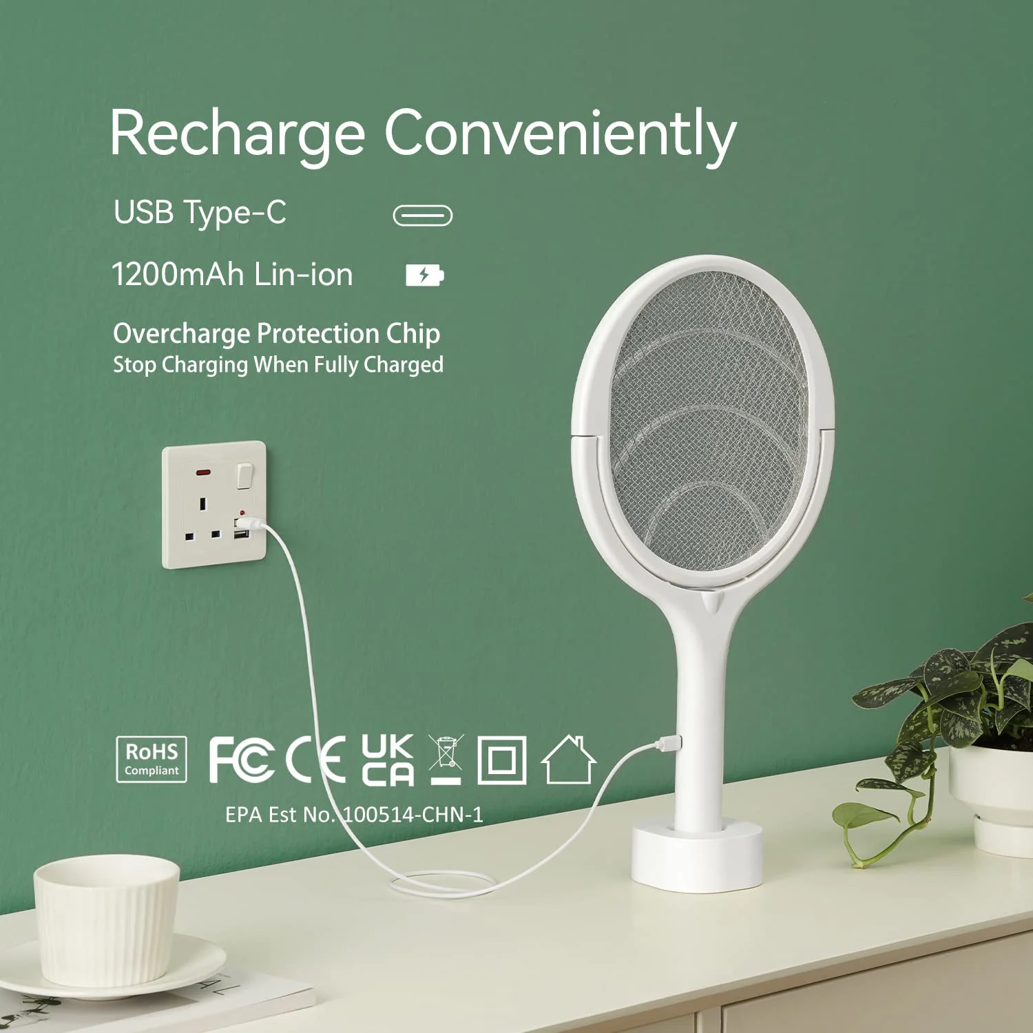 Rotating Head Rechargeable Electric Fly Swatter Racket Bug Zapper Racket Mosquito Zapper Indoor Bug Zapper Fruit Fly Zapper Spider Killer Gnat Trap Wasp Catcher, with a Telescopic Extension Wand - Image 4