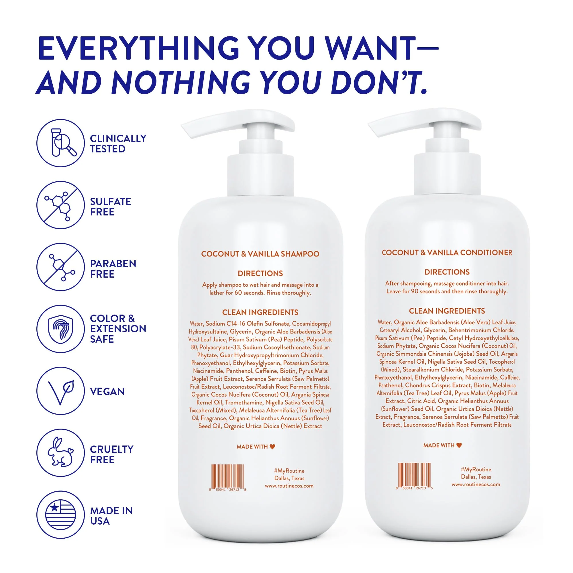 Routine Wellness Shampoo & Conditioner Set - Strengthening & Volumizing for Thinning Hair - Promotes Full, Voluminous, Healthy Hair - Coconut & Vanilla (Pack of 2) - Image 2