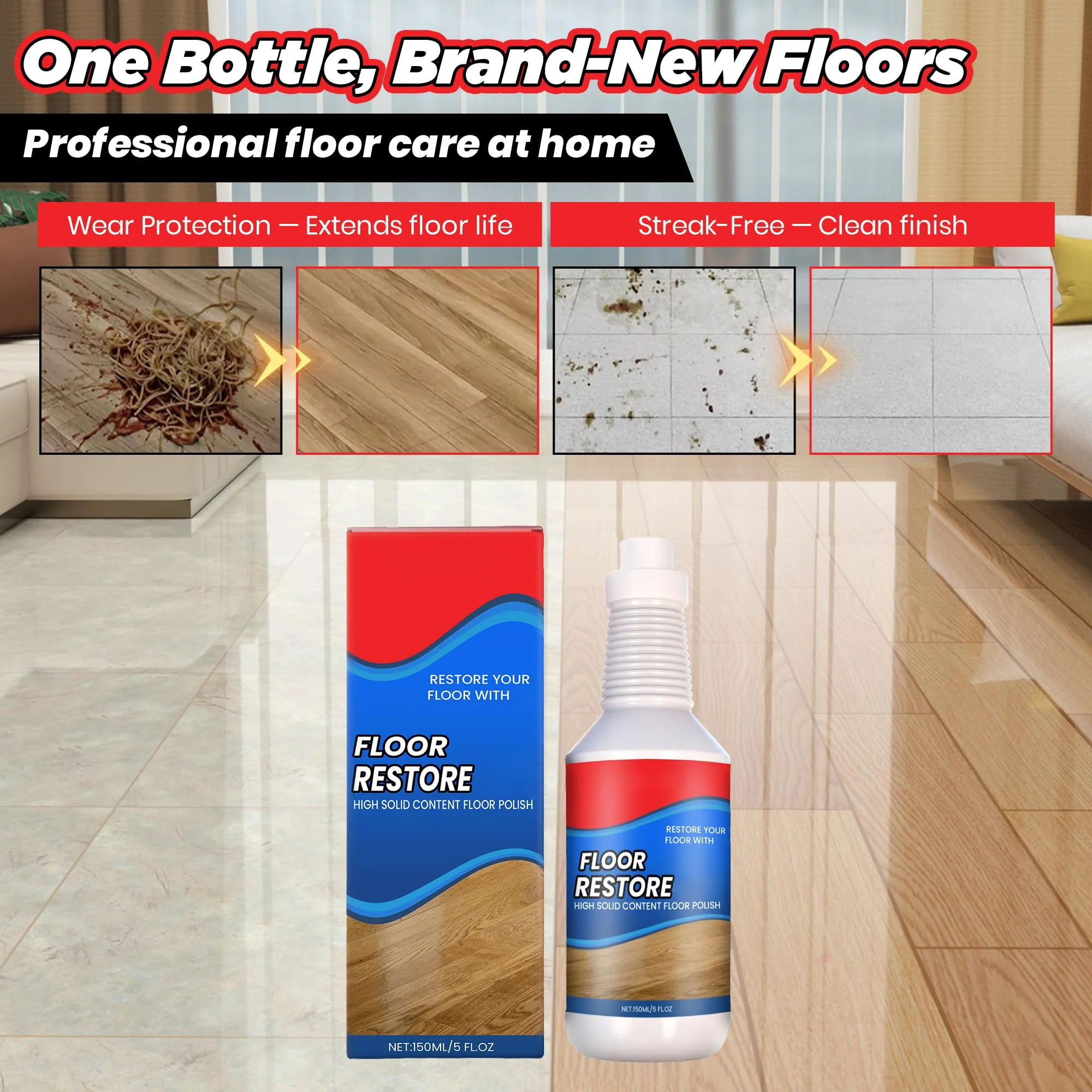 ROVIA Floor Restore for Wood Floors: Floor Clean Restorer & Polish for Tile, Shine Wood, Laminate, Vinyl, Bamboo - Quick-Drying Flooring Protection Agent (2, 150 ml) - Image 5