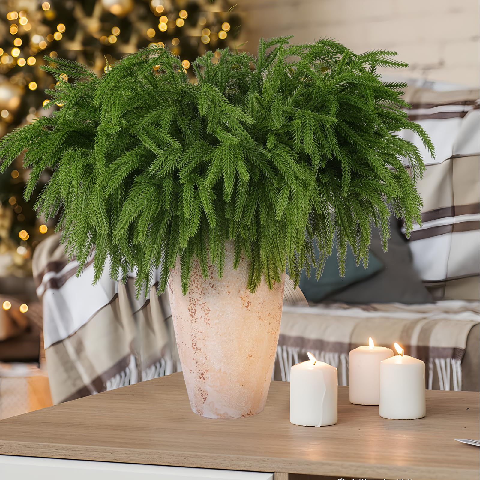 Rowfad 12 Pcs Artificial Norfolk Pine Branches, Norfolk Pine Artificial Pine Stems DIY Crafts Faux Christmas Greenary Norfolk Pine Branches for Xmas Wreath Garland Home Decor (12) - Image 6