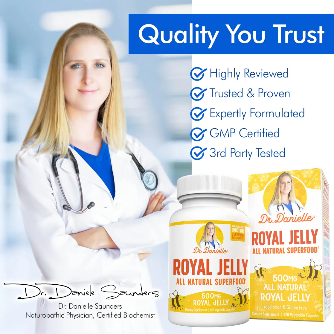 Royal Jelly by Dr. Danielle, Best Royal Jelly Supplement, 500mg 120 Capsules