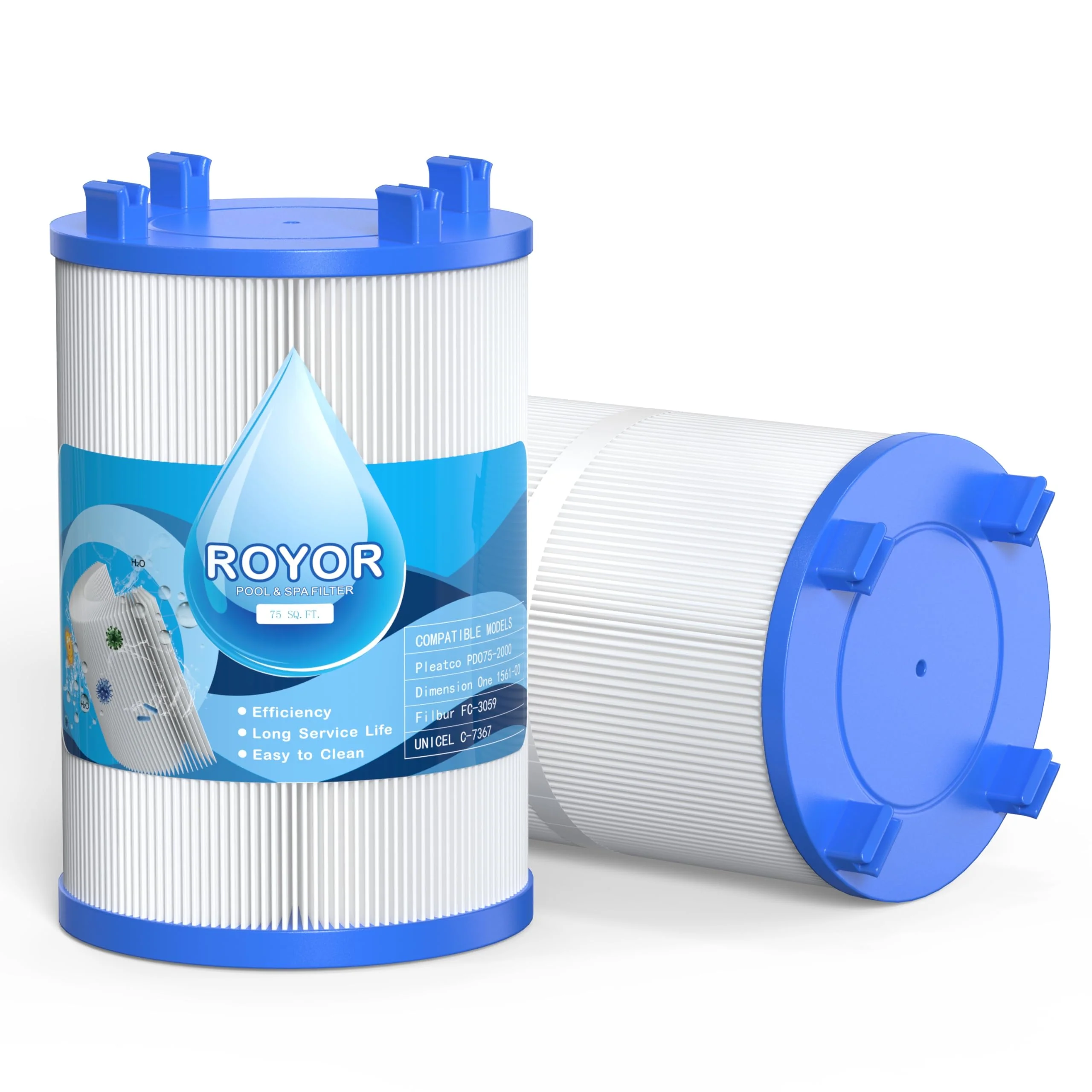 ROYOR Hot Tub Filters Replacements for Dimension One Spa Filter 1561-00, Hot Tub Filter Compatible with PD075-2000, C-7367, FC-3059, Baleen AK-60035, 75 Sq.Ft. 2 Pack