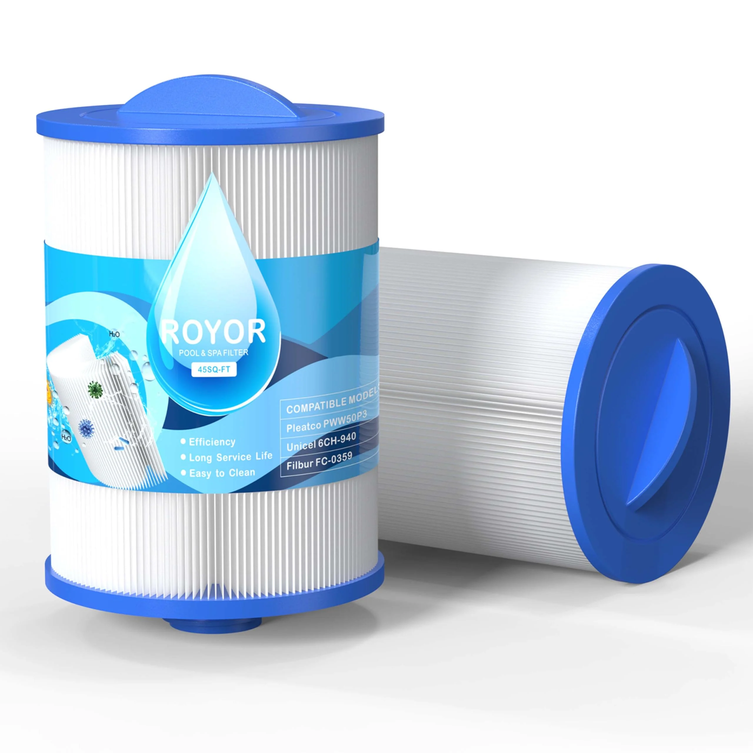 ROYOR PWW50 Spa Filter for Hot Tub - Hot Tub Filters Replacements Unicel 6CH-940, PWW50P3 (1-1/2" Coarse Thread), Filbur FC-0359, Waterways 817-0050, 45 Sq. Ft. Viking Spa Filter, 2 Pack