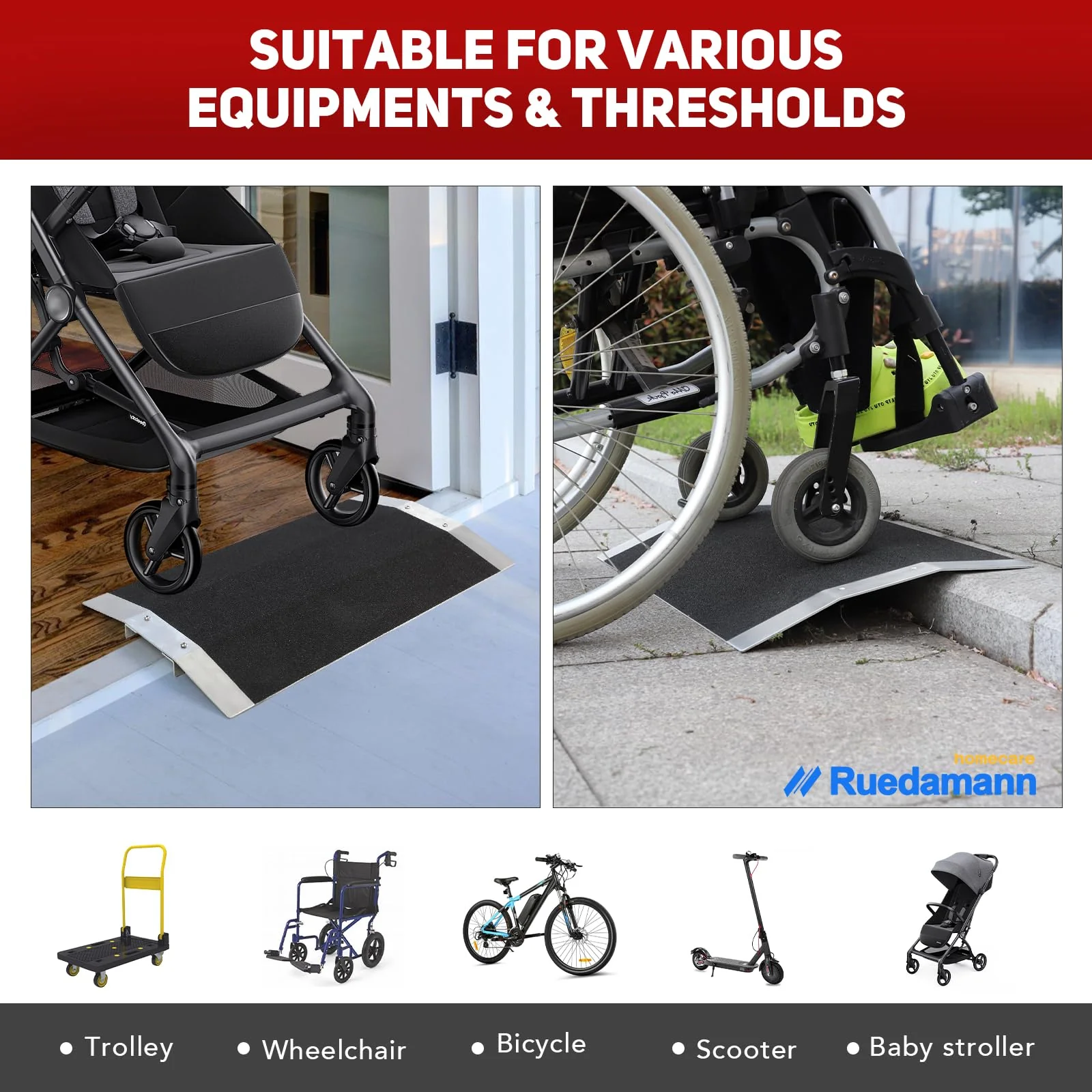 Ruedamann 1.5“ Rise Bridge Threshold Ramp, Wheelchair Ramp with Detachable Supporting Frame and Non-Slip Surface, Aluminum Door Ramps for Wheelchairs, Stairs, Vans, Scooters, Steps - Image 3