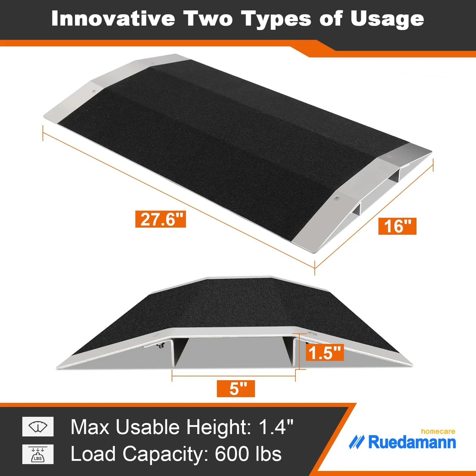 Ruedamann 1.5“ Rise Bridge Threshold Ramp, Wheelchair Ramp with Detachable Supporting Frame and Non-Slip Surface, Aluminum Door Ramps for Wheelchairs, Stairs, Vans, Scooters, Steps - Image 7