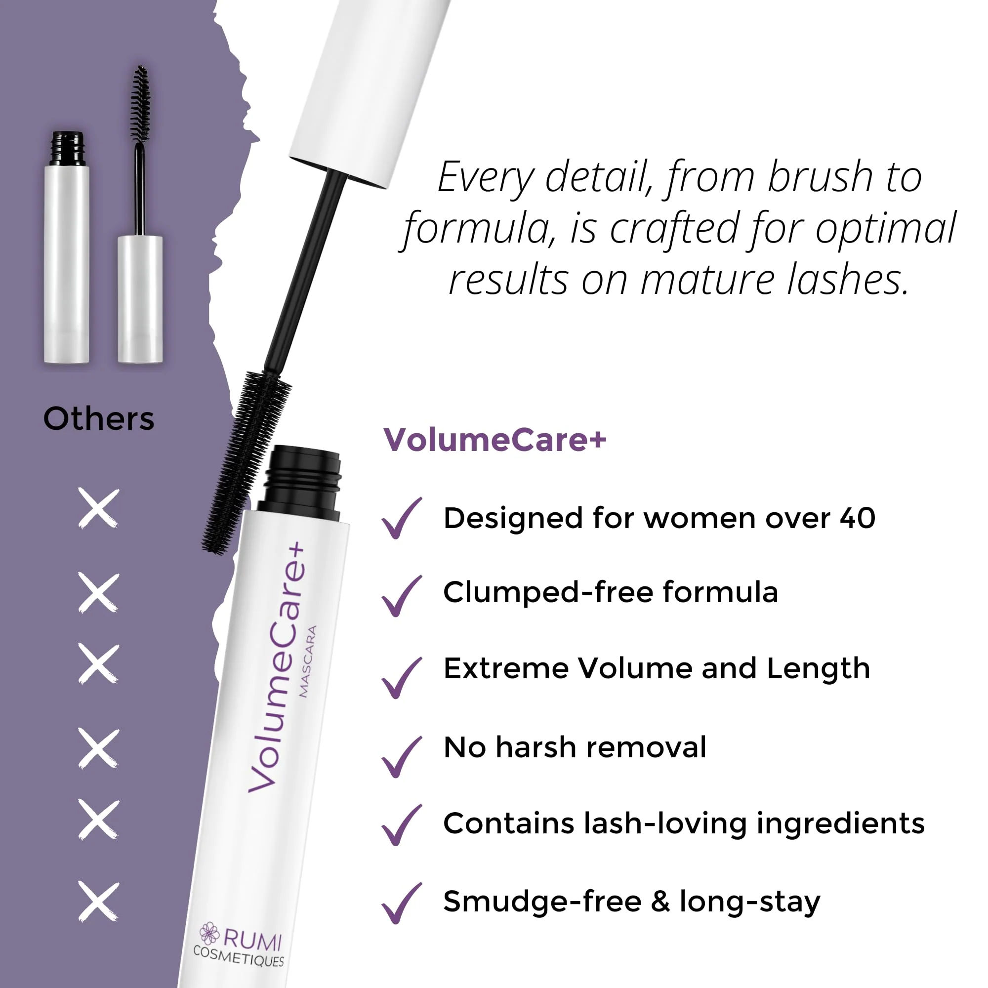 Rumi Cosmetiques VolumeCare+ Mascara For Mature Women - Extreme Length and Volume 2-in-1 Formula - No Clumps or Flaking, Long-Wearing, Hypoallergenic Mascara For Sensitive Eyes (Dark Brown) - Image 5